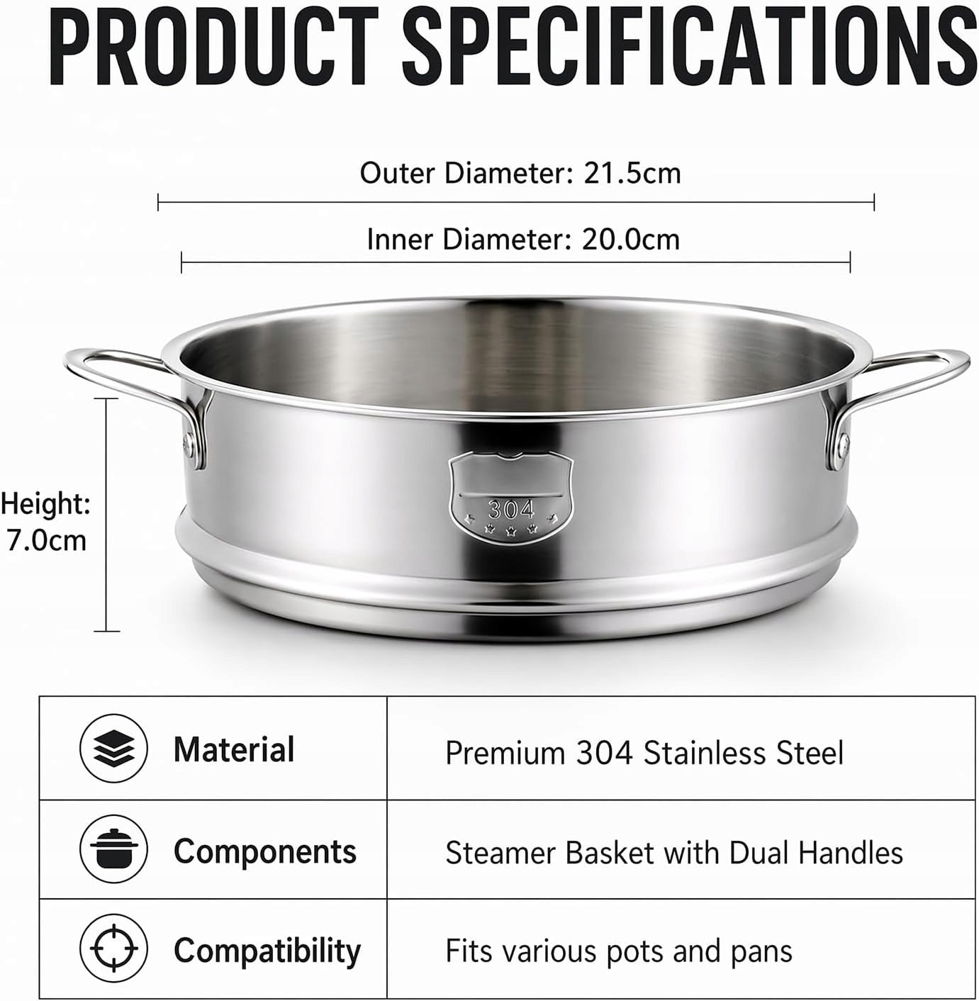 STEAMING CARTRIDGE 2 PIECES 20 CM STAINLESS STEEL HANDLES BASKET Brand no brand