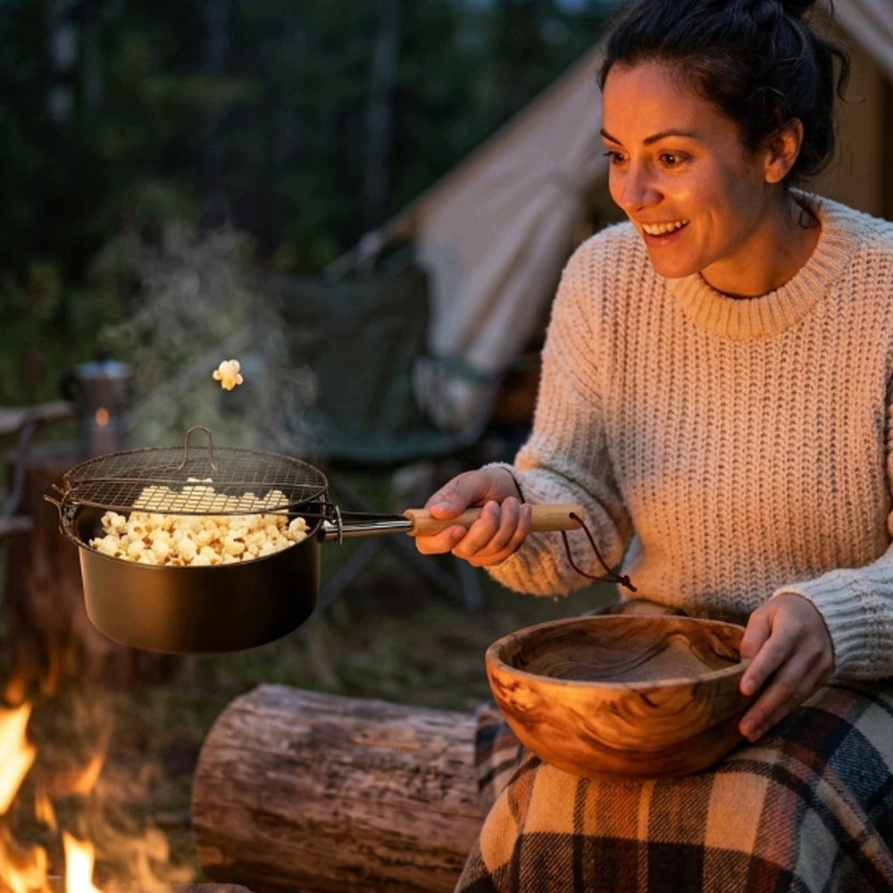 STEEL FIRE PIT POPCORN POT WITH HANDLE 50CM FOR CAMPING AND GARDEN Packaging status original