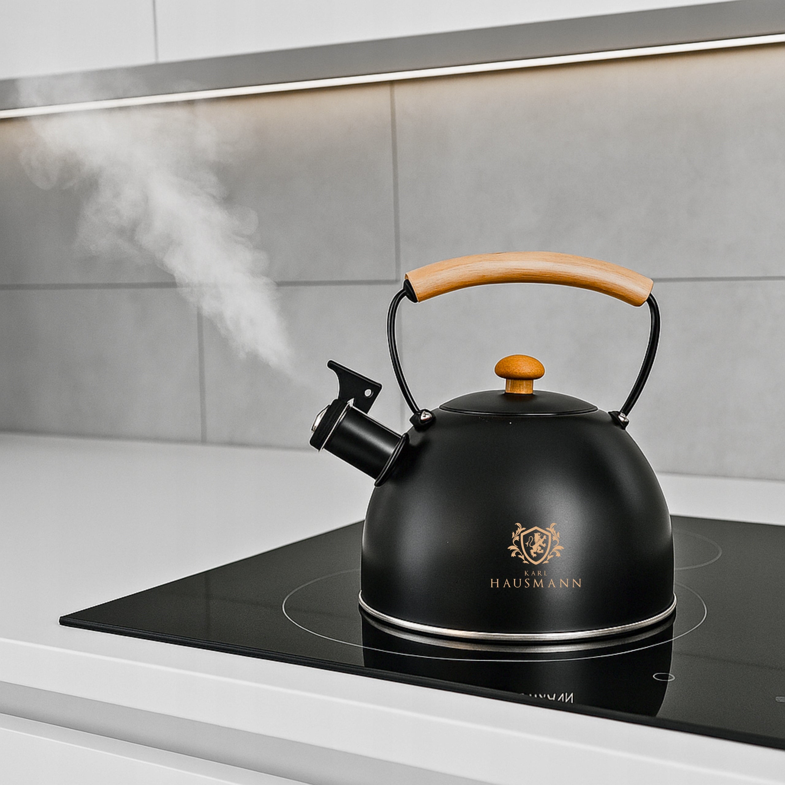 STEEL KETTLE FOR GAS 2,5L BLACK WITH WHISTLE +WOODEN HANDLE INDUCTION Packaging status original