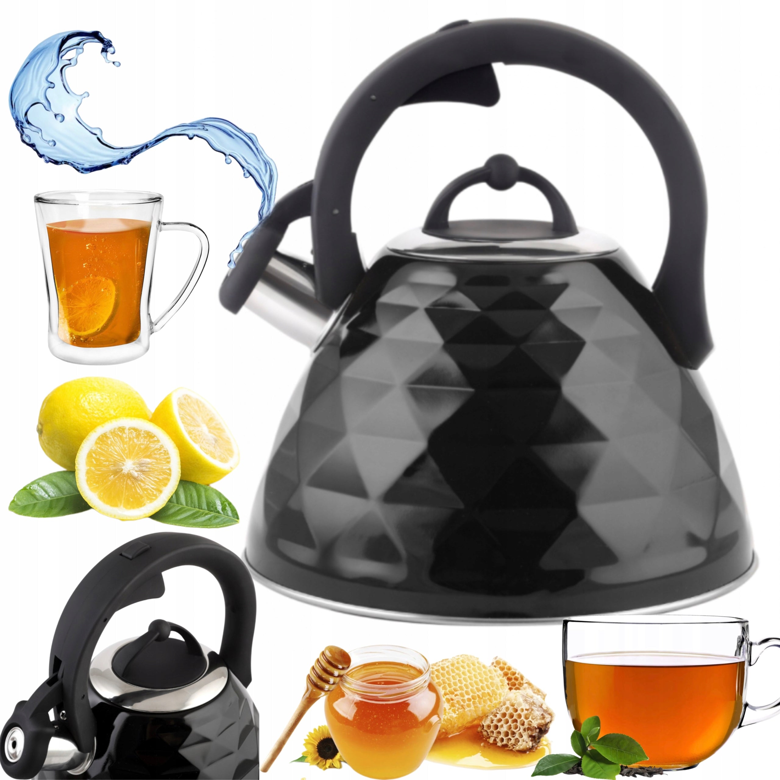 STEEL KETTLE FOR GAS INDUCTION LARGE KETTLE WITH WHISTLE 3L CRYSTAL BLACK Brand Tadar