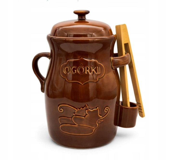 STONEWARE BARREL FOR PICKLING CUCUMBERS WITH PLIERS BELLA FIORE BROWN 3,5 L