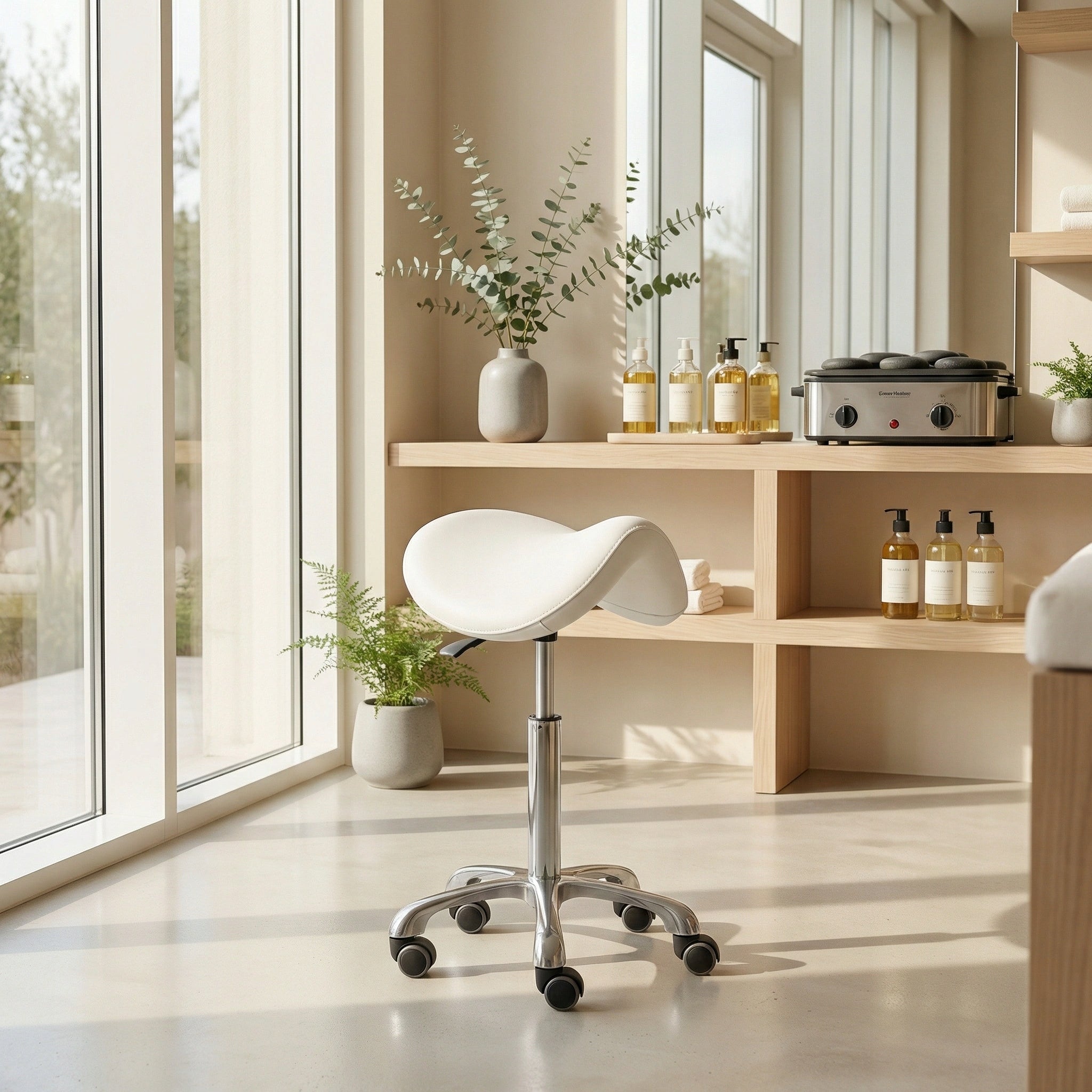 STOOL ON WHEELS SWIVEL ALMA SADDLE FOR BEAUTY SALON WHITE HABYS Packaging status original