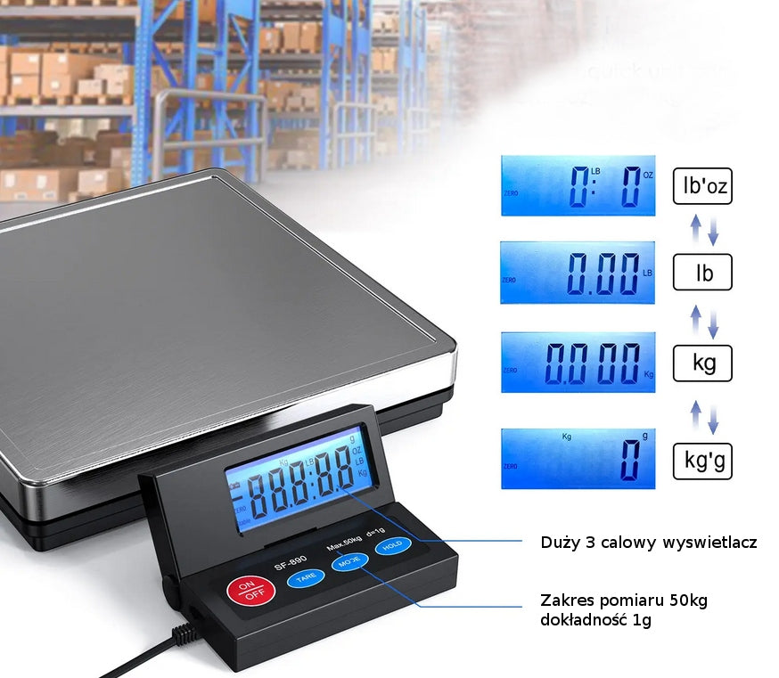 STORAGE POSTAL SCALE FOR RESIN 50kg 1g metal platform (50kg 2g ) Manufacturer code ETech SF-890M