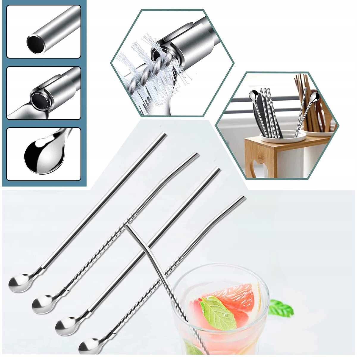 STRAWS METAL TEASPOONS LONG spoons for COFFEE AND DRINKS LATTE DESSERTS 16pcs Manufacturer code SŁOMKI METALOWE ŁYŻECZKI