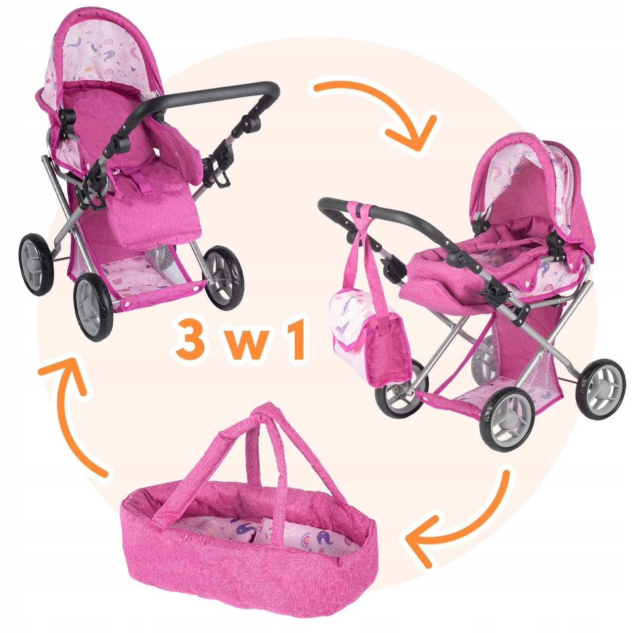 STROLLER 3in1 FOR DOLLS GONDOLA STROLLER CARRIER ACCESSORIES BASKET ADJUSTABLE Brand MalPlay
