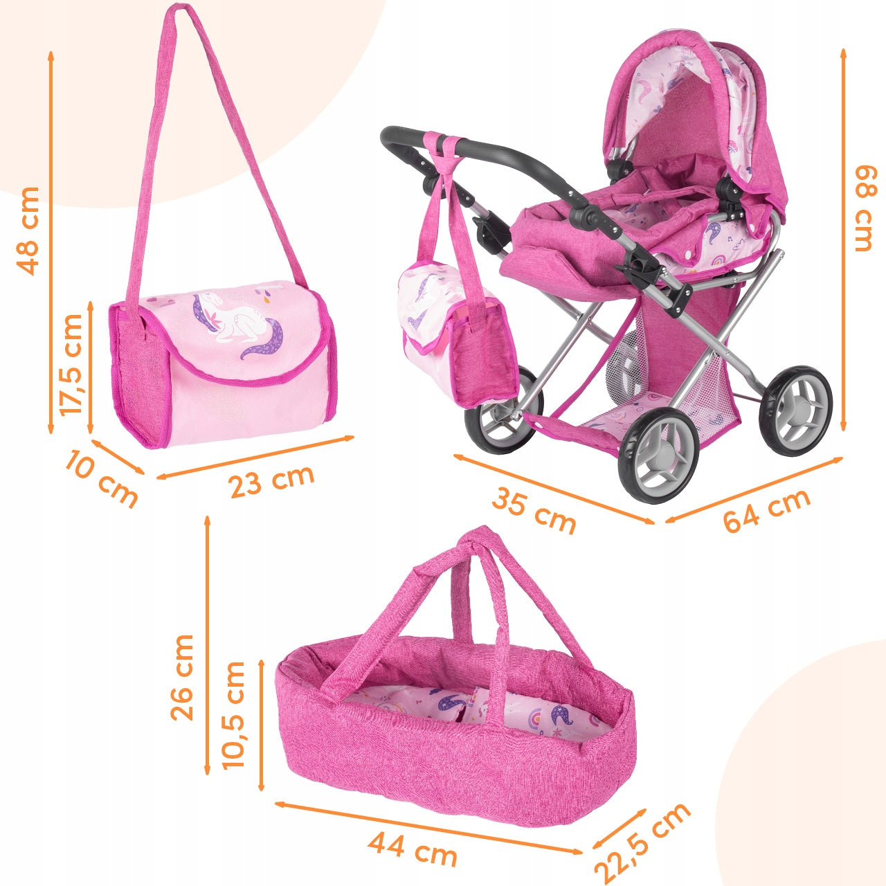 STROLLER 3in1 FOR DOLLS GONDOLA STROLLER CARRIER ACCESSORIES BASKET ADJUSTABLE Manufacturer code 114098