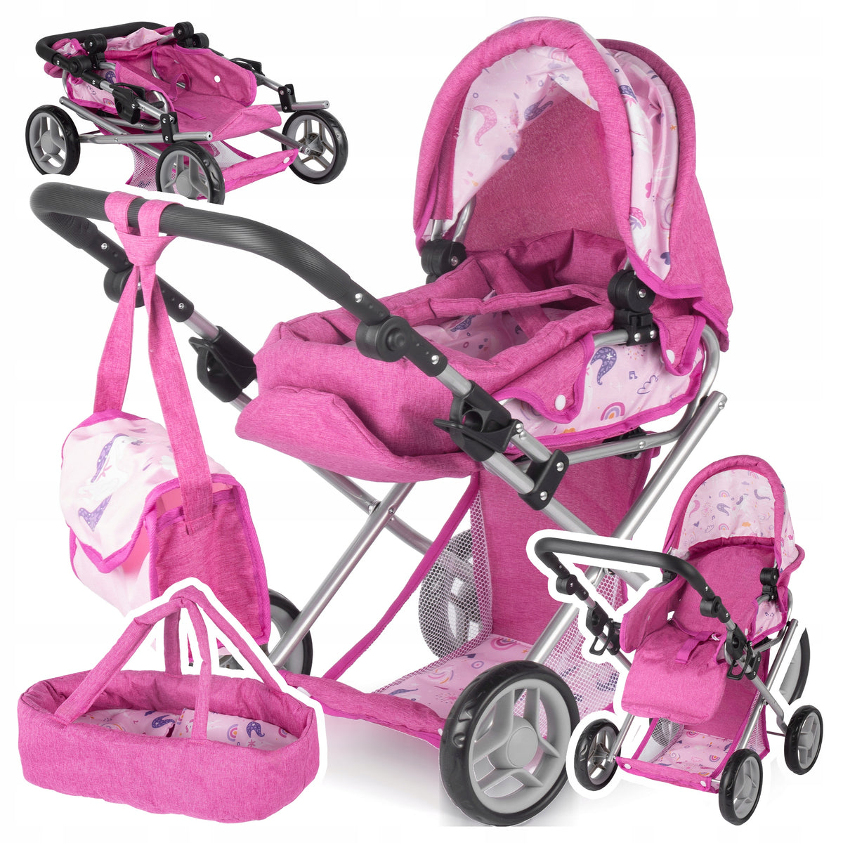 STROLLER 3in1 FOR DOLLS GONDOLA STROLLER CARRIER ACCESSORIES BASKET ADJUSTABLE