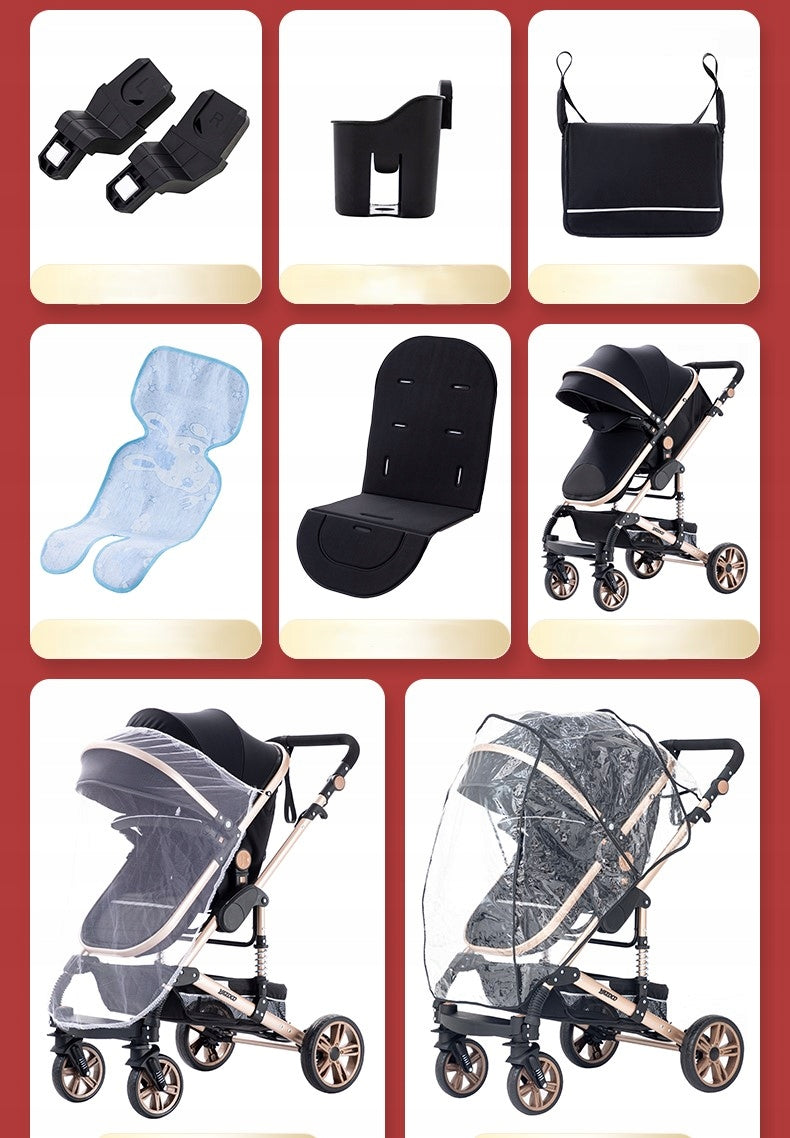 STROLLER 4IN1 BLACK AND GOLD GONDOLA STROLLER SEAT AKCESORIA EQUIPMENT Manufacturer code V9 NEW CREAM