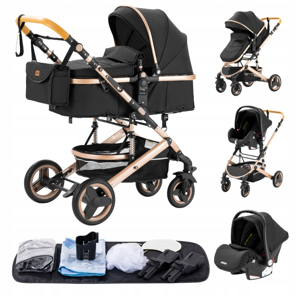 STROLLER 4IN1 BLACK AND GOLD GONDOLA STROLLER SEAT AKCESORIA EQUIPMENT