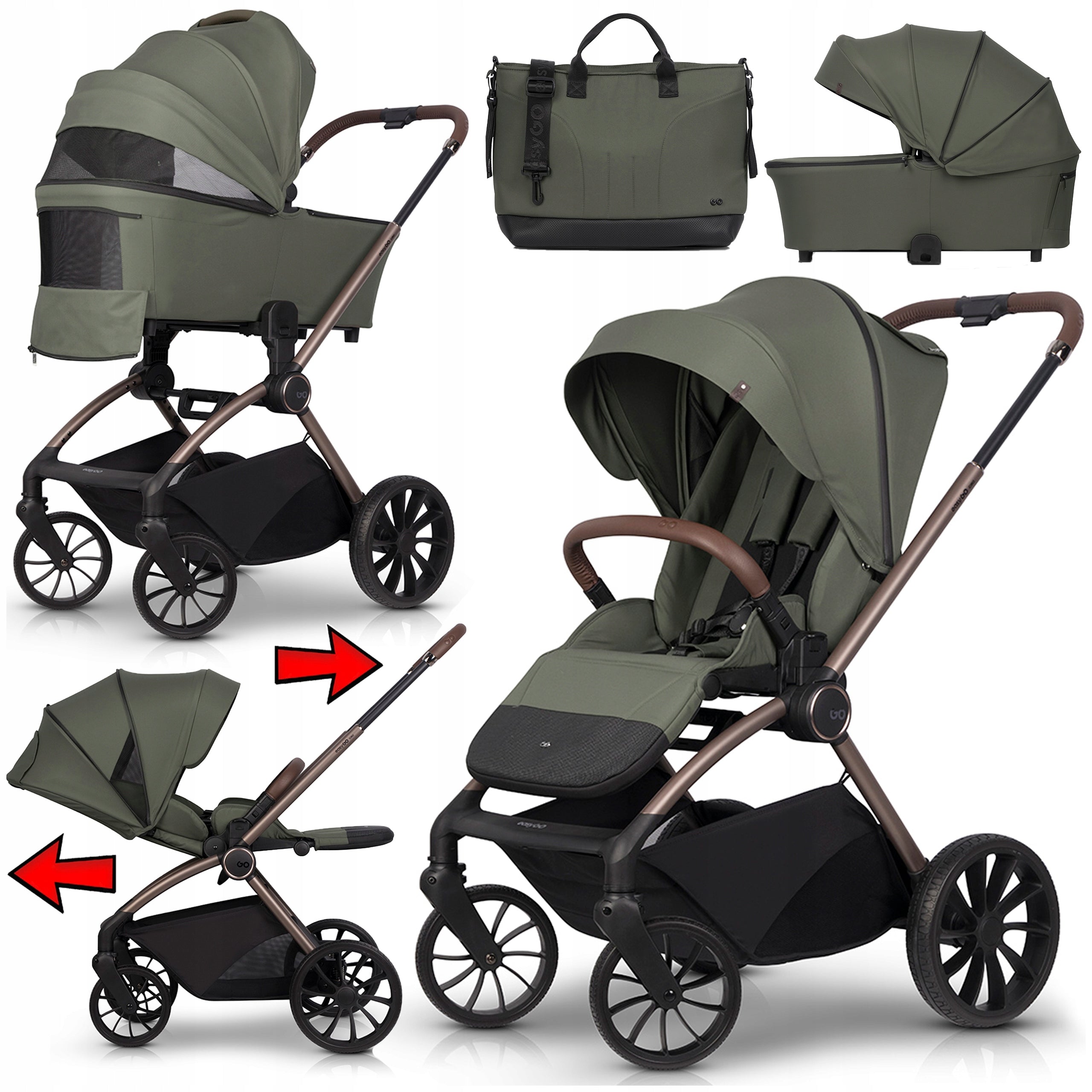 STROLLER + GONDOLA BAG RETRACTABLE SEAT 3in1 LARGE WHEELS 0-22KG