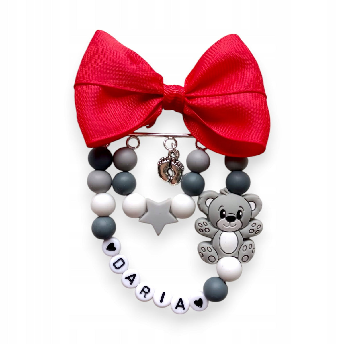 STROLLER PENDANT WITH NAME GREY WITH TEDDY BEAR
