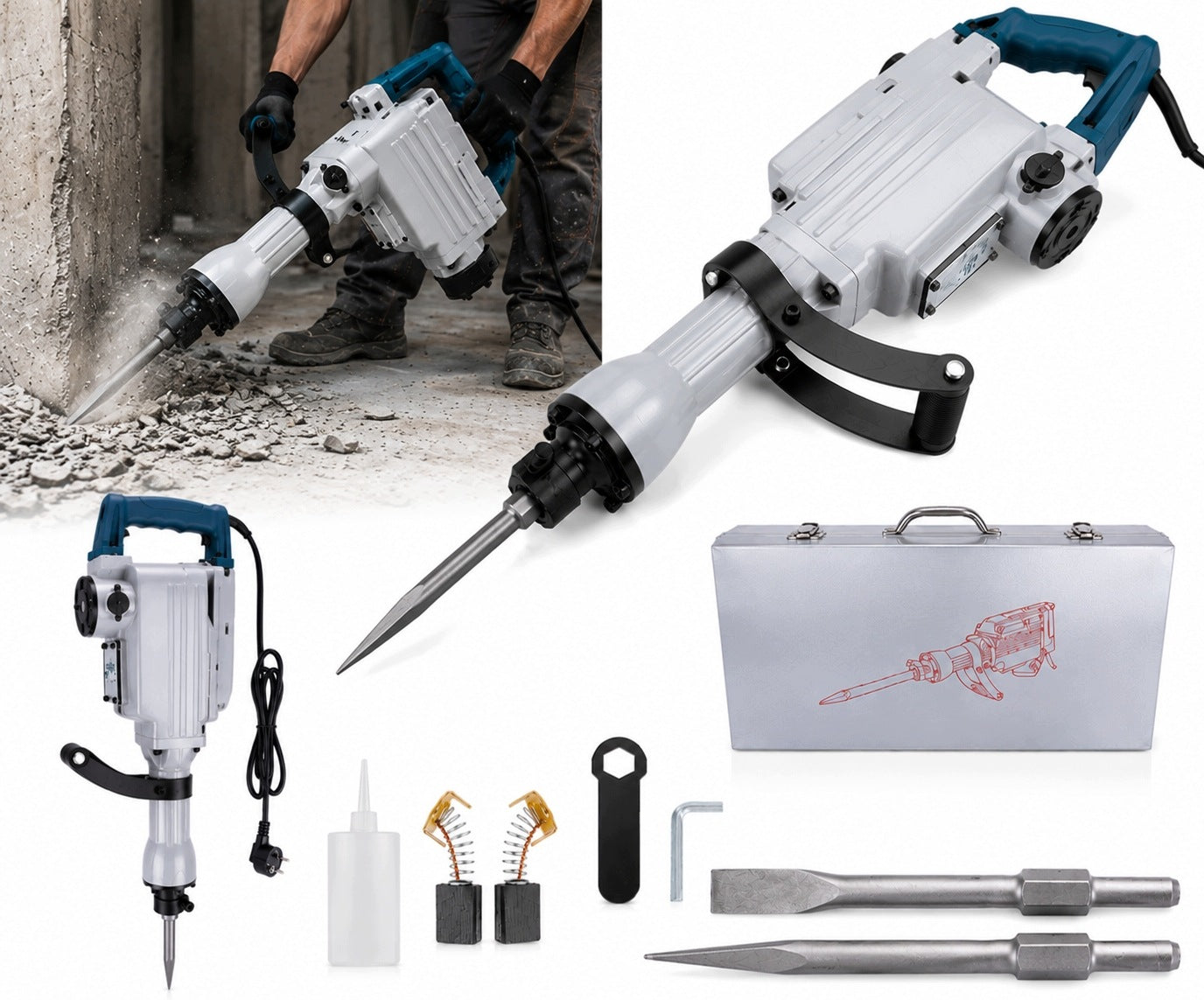 STRONG DEMOLITION HAMMER 3200 60J OIL COOLED + IMPACT CHISEL FORGING