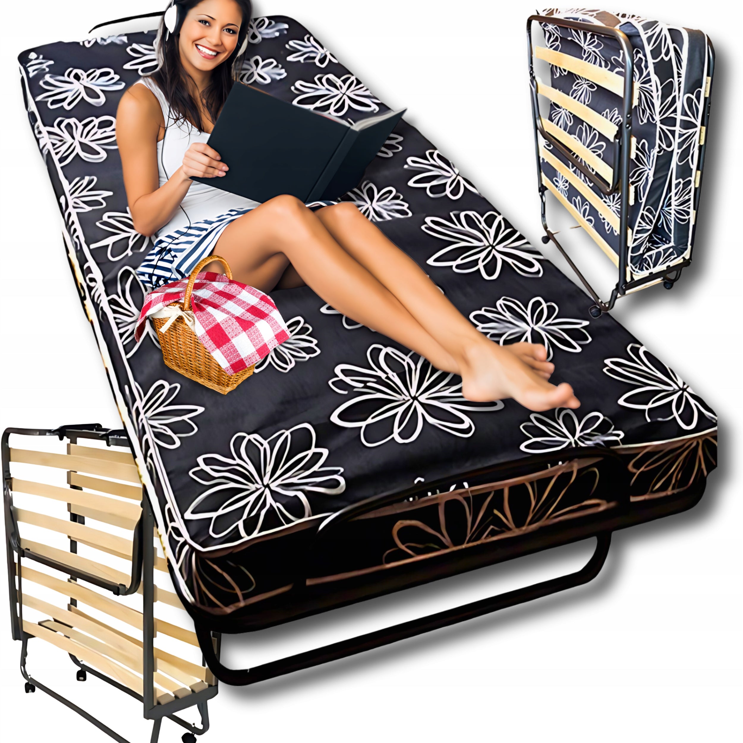 STRONG FIELD HIKING FOLDING BED WITH MATTRESS 80x190 120KG ON WHEELS
