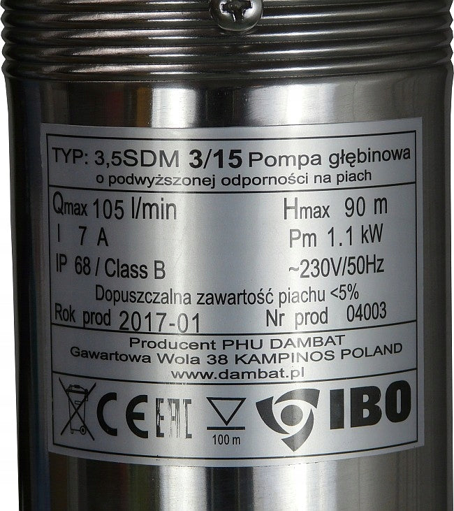 STRONG SUBMERSIBLE PUMP FOR WELL 3,5 SDM 1,1kW Manufacturer code 3,5 SDM 3-15 z przewodem
