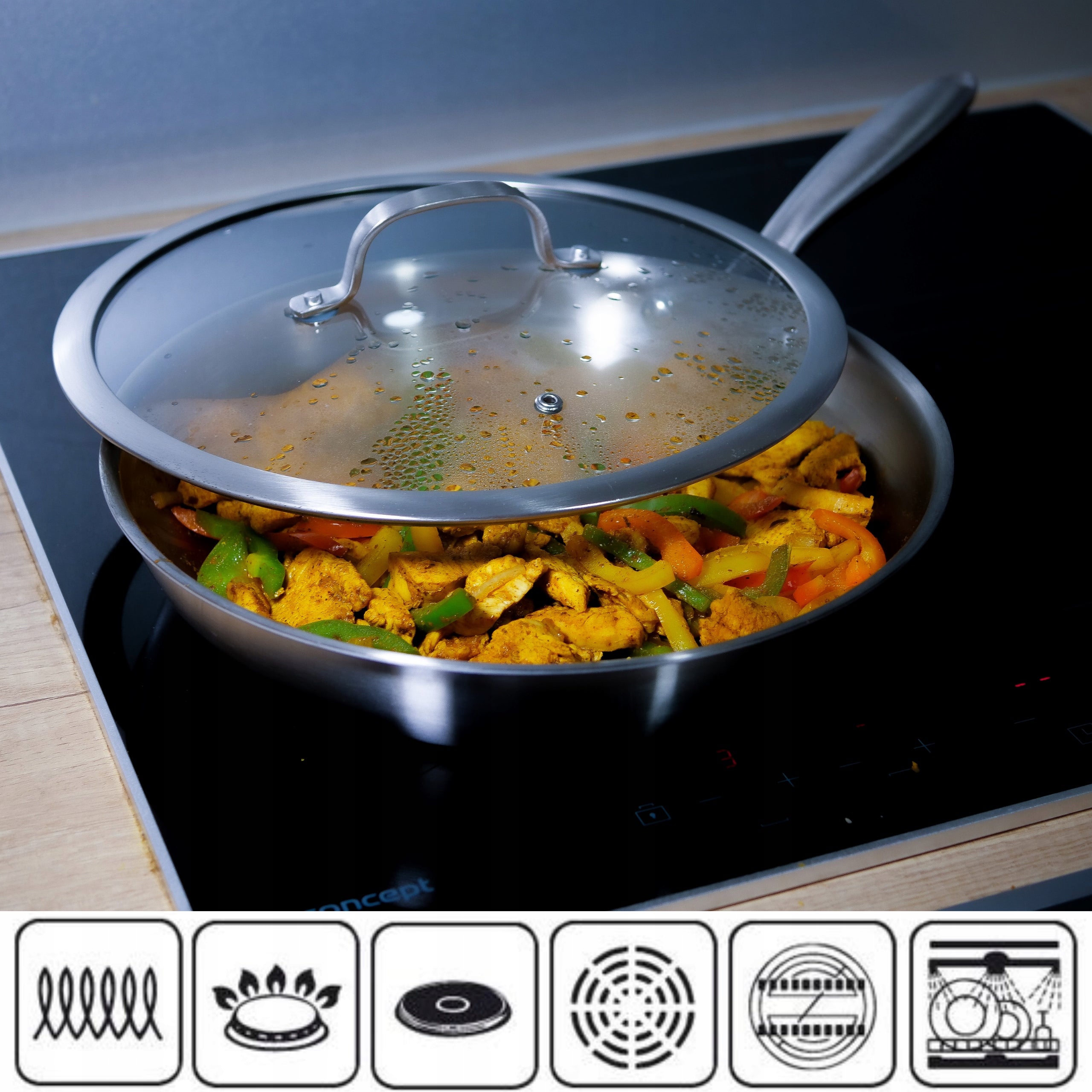 STURDY 28cm STAINLESS STEEL PAN WITH GASTRONOMIC RIVET COVER Packaging status original