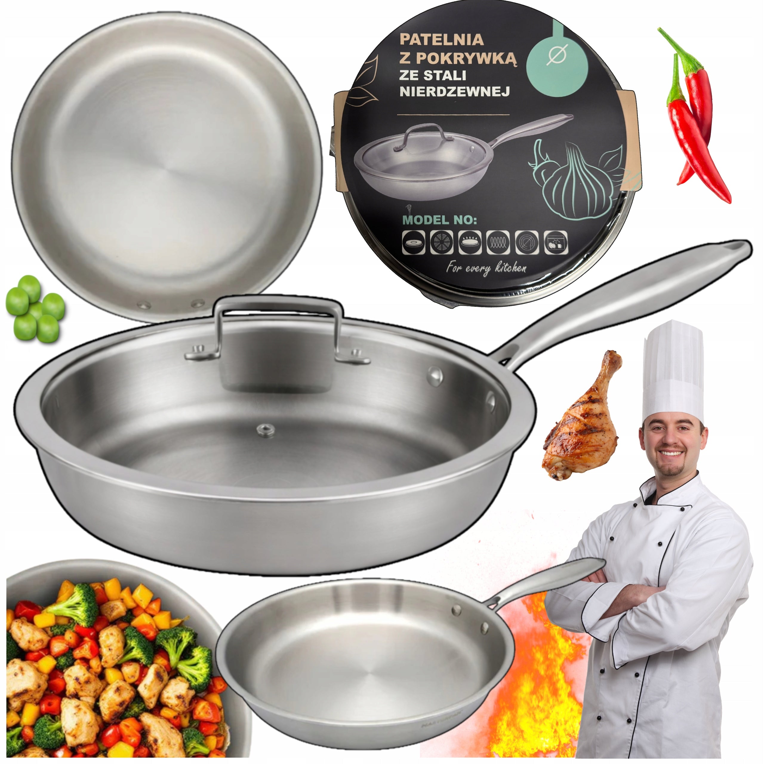 STURDY 28cm STAINLESS STEEL PAN WITH GASTRONOMIC RIVET COVER