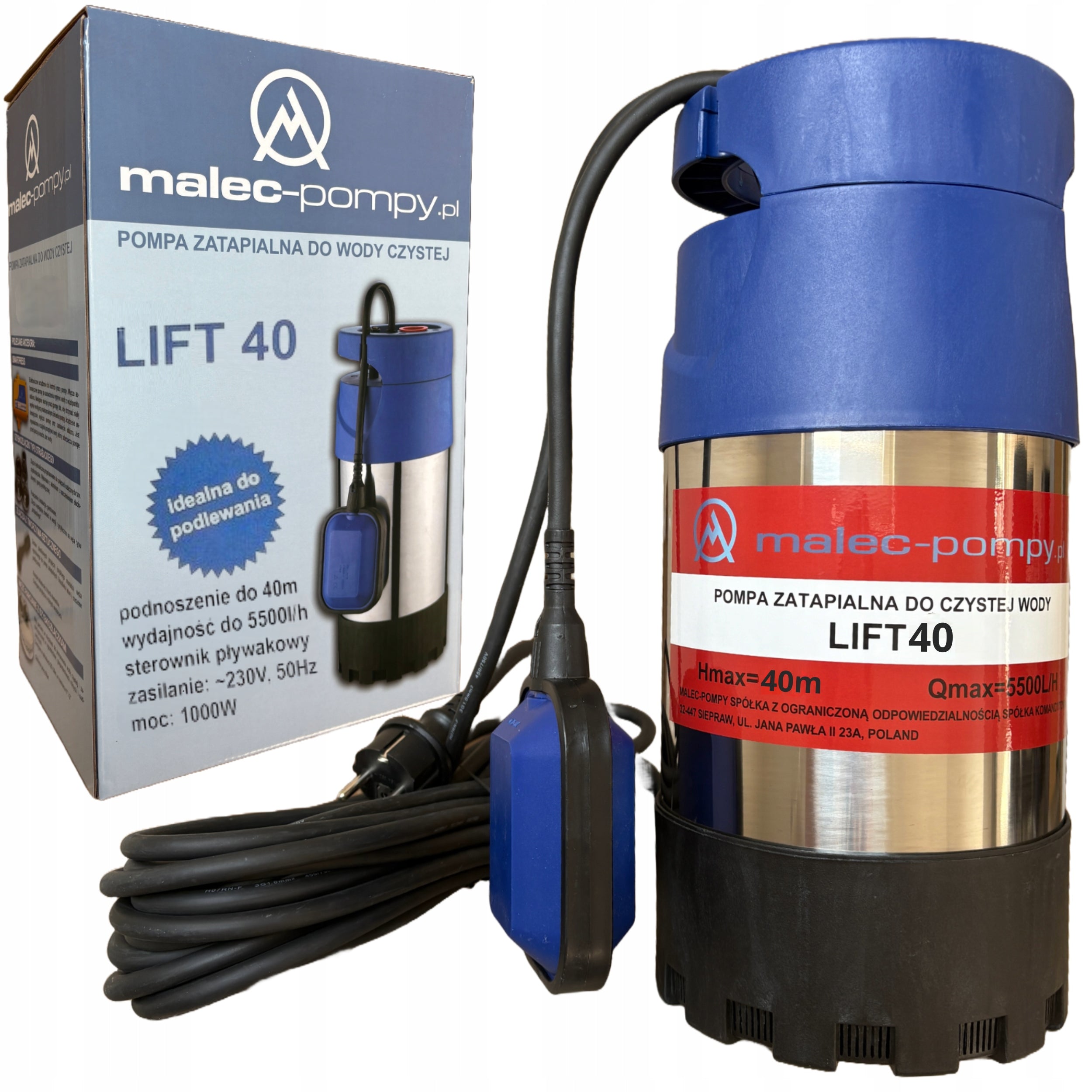 SUBMERSIBLE PUMP LIFT 40 FOR CLEAN WATER 1000W WITH FLOAT 4ROTORS 5500L/H
