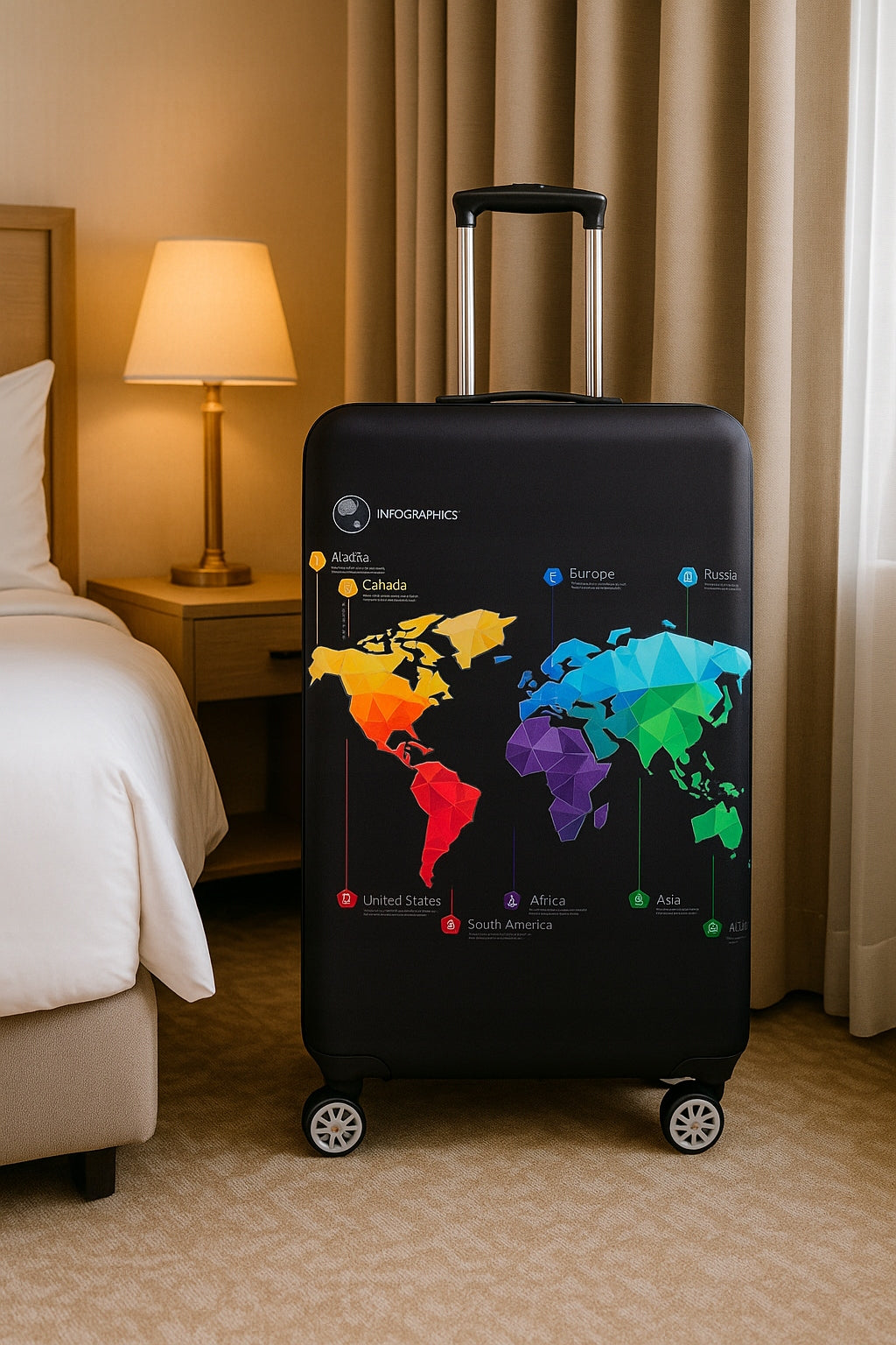 SUITCASE COVER THEME COLORFUL WORLD MAP PROTECTIVE CASE SIZE M Color black