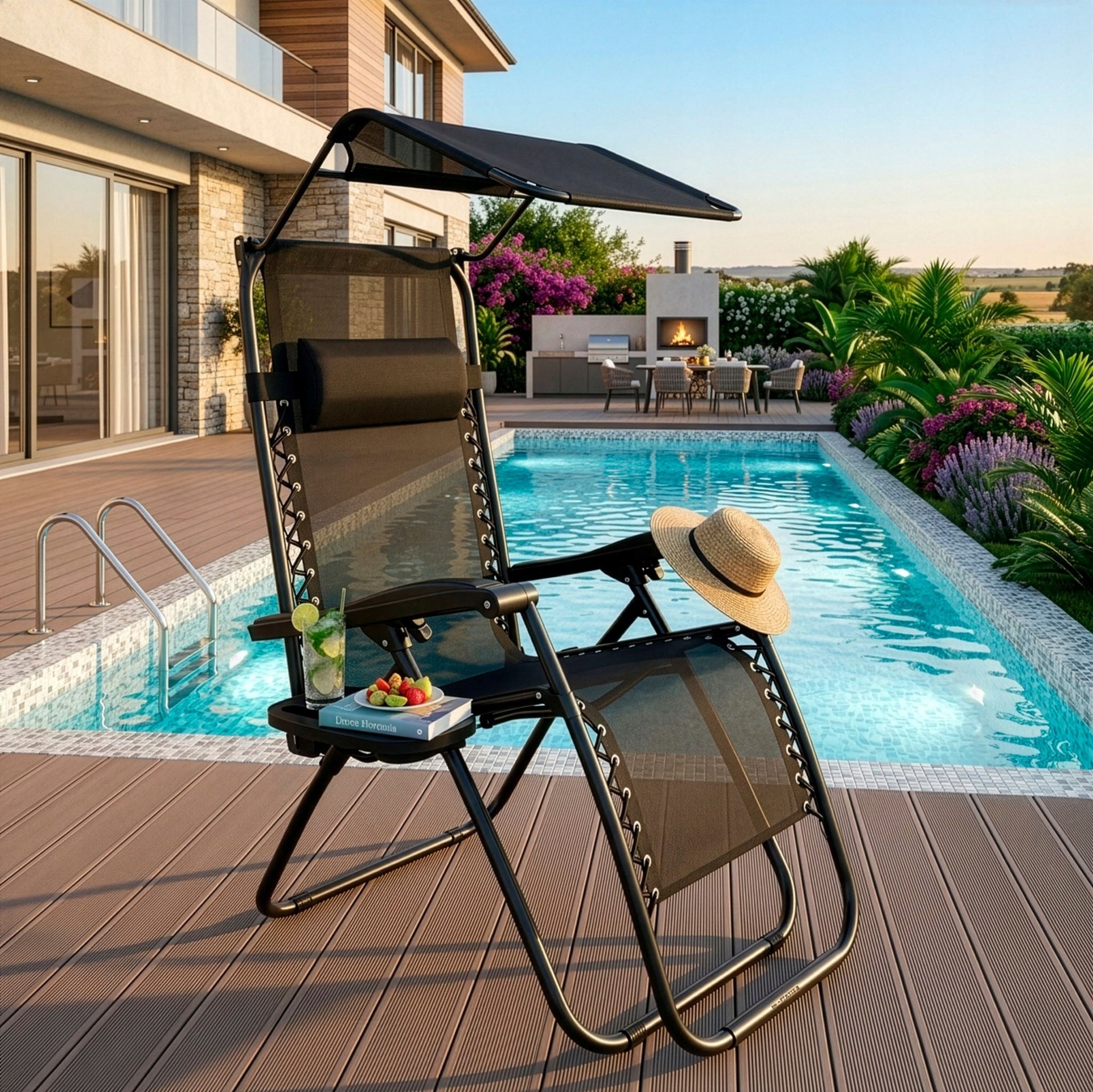 SUN LOUNGER BEACH CHAIR FOLDING ZERO GRAVITY TOURIST WITH VISOR Packaging status original