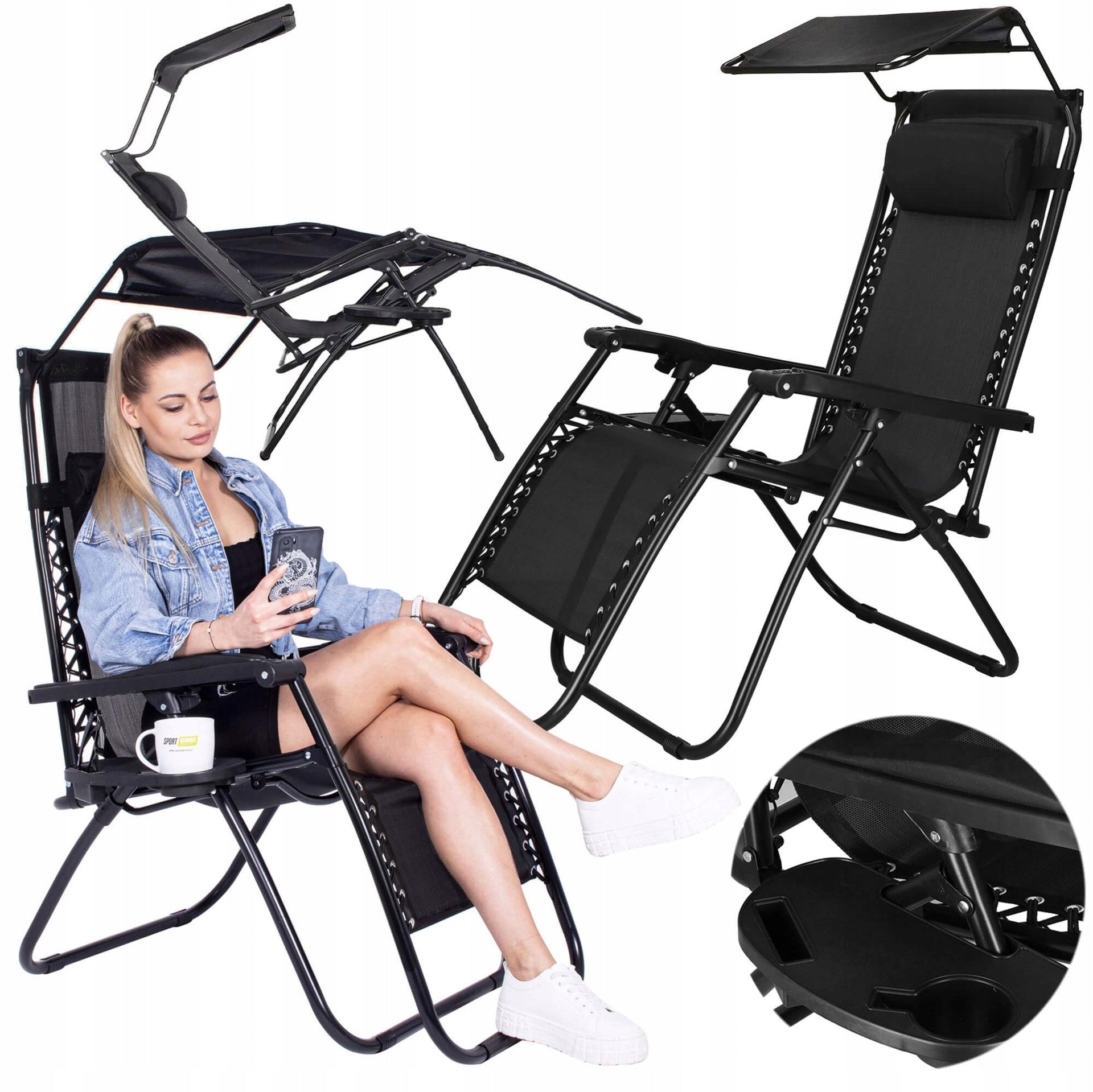 SUN LOUNGER BEACH CHAIR FOLDING ZERO GRAVITY TOURIST WITH VISOR Seat material fabric