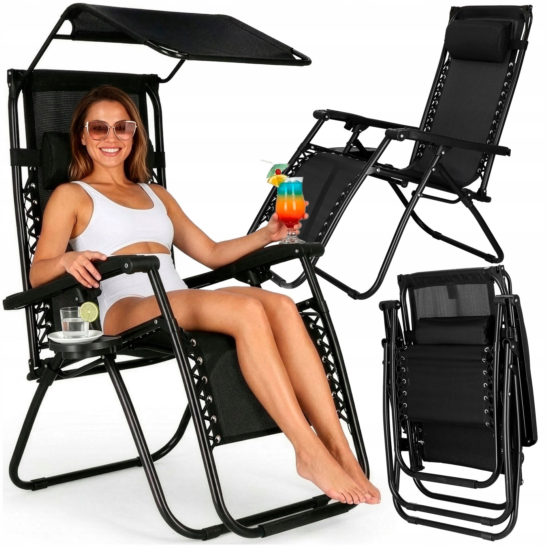 SUN LOUNGER BEACH CHAIR FOLDING ZERO GRAVITY TOURIST WITH VISOR
