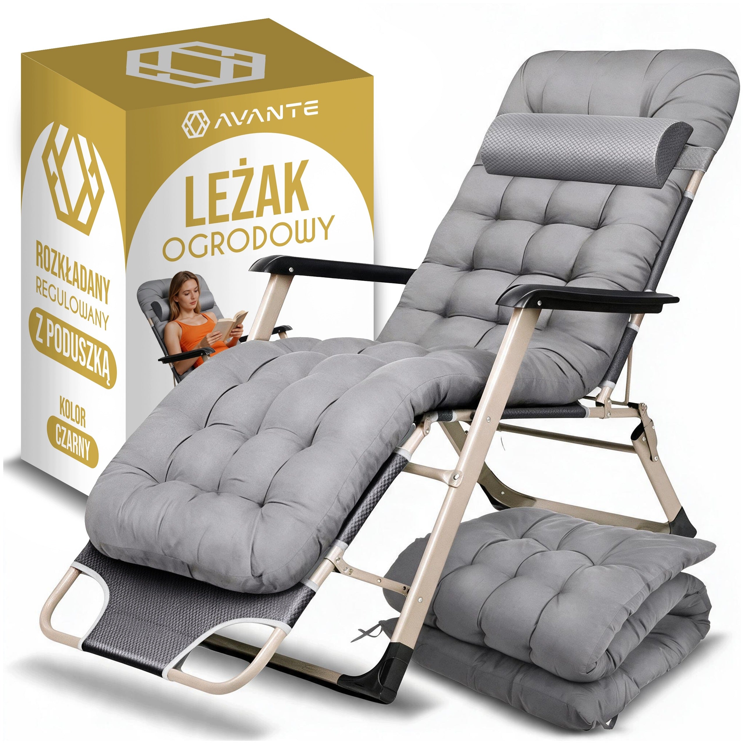 SUN LOUNGER BEACH TOURIST FOLDING UP TO 120KG GREY MATTRESS 8CM