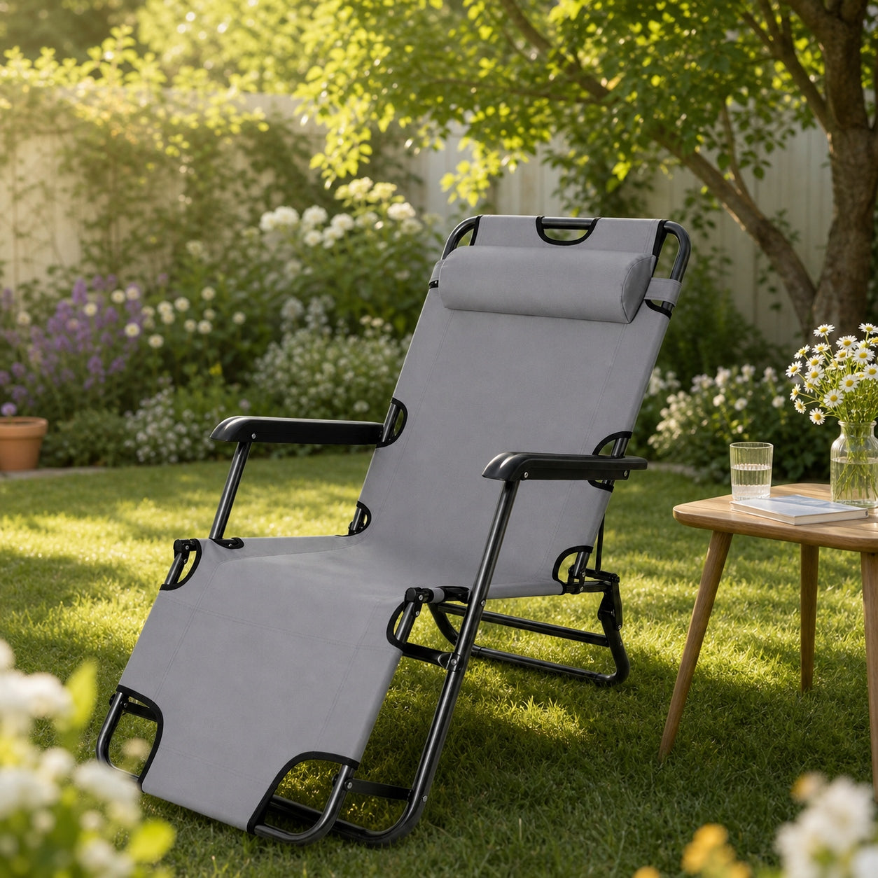 SUN LOUNGER FOLDING BEACH CHAIR GREY FOR GARDEN LIGHT COUCH Packaging status original