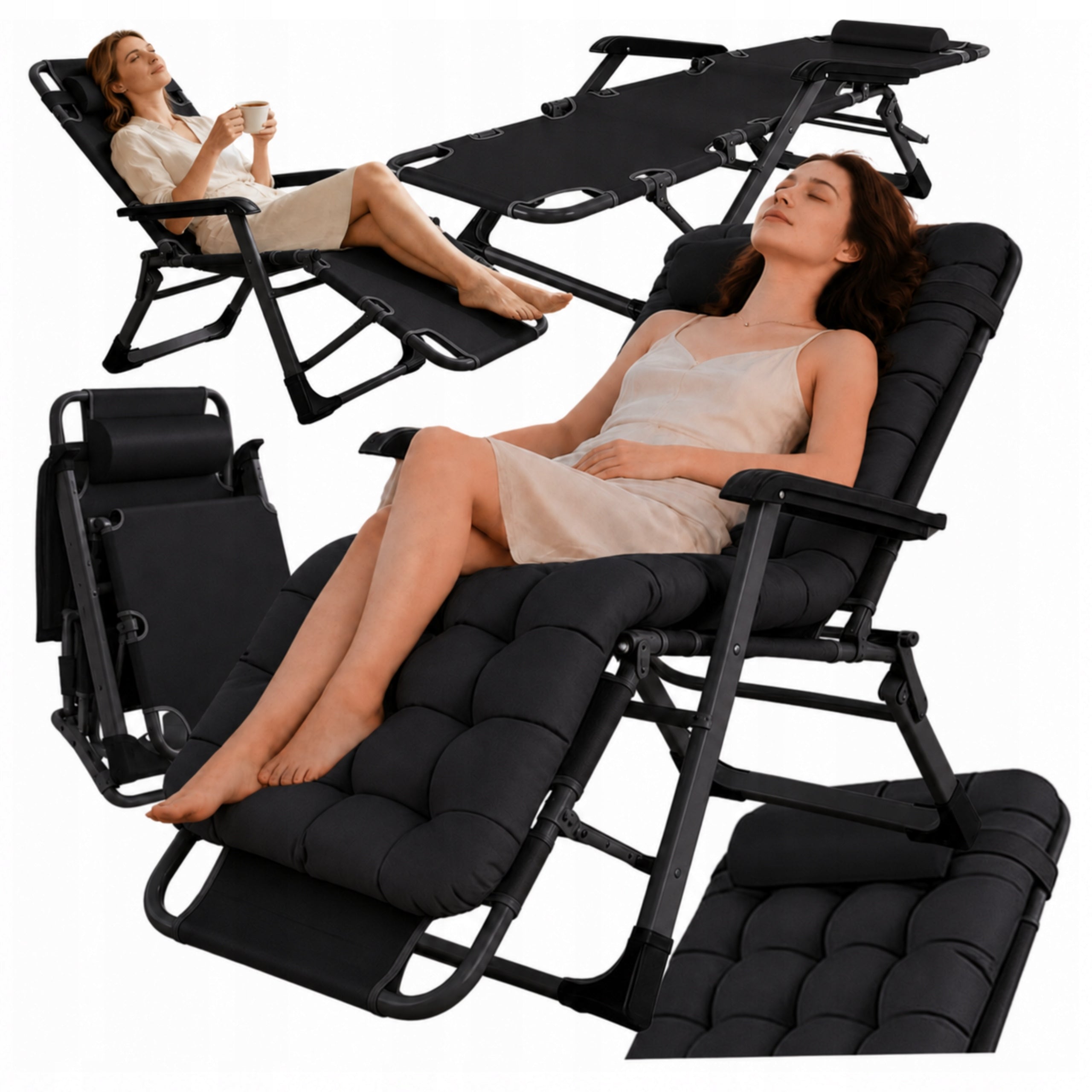 SUN LOUNGER FOLDING GARDEN CHAIR WITH MATTRESS HIKING BEACH CUSHION LARGE