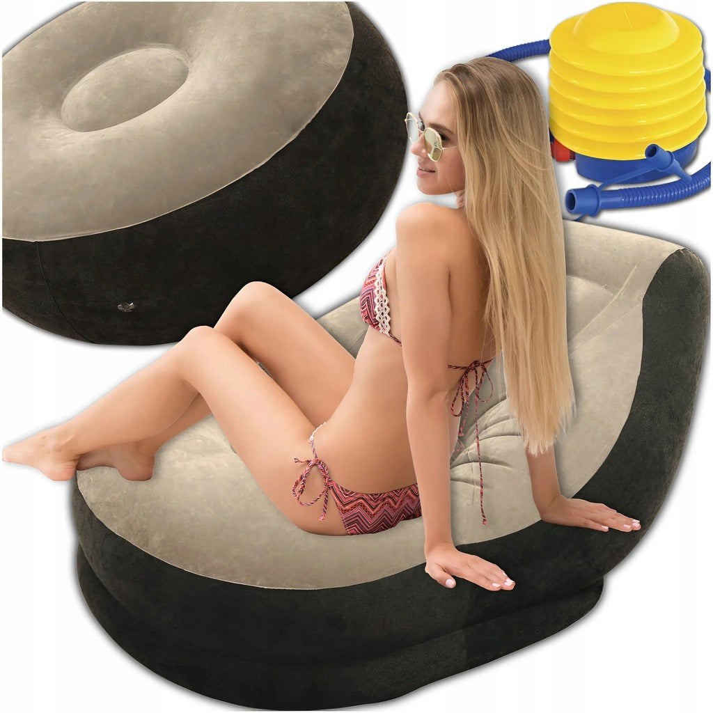 SUN LOUNGER GARDEN CHAIR INFLATABLE BEACH GARDEN WITH FOOTREST POUF + PUMP Manufacturer code LEŻAK OGRODOWY FOTEL DMUCHANY