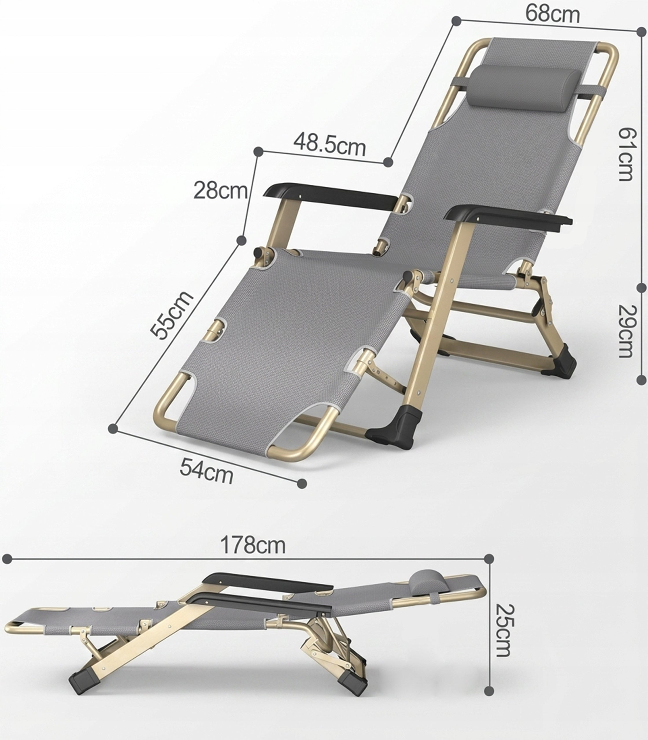 SUN LOUNGER GARDEN HIKING CHAIR FOLDING COMFORTABLE STRONG+ PILLOW Kind sunbed