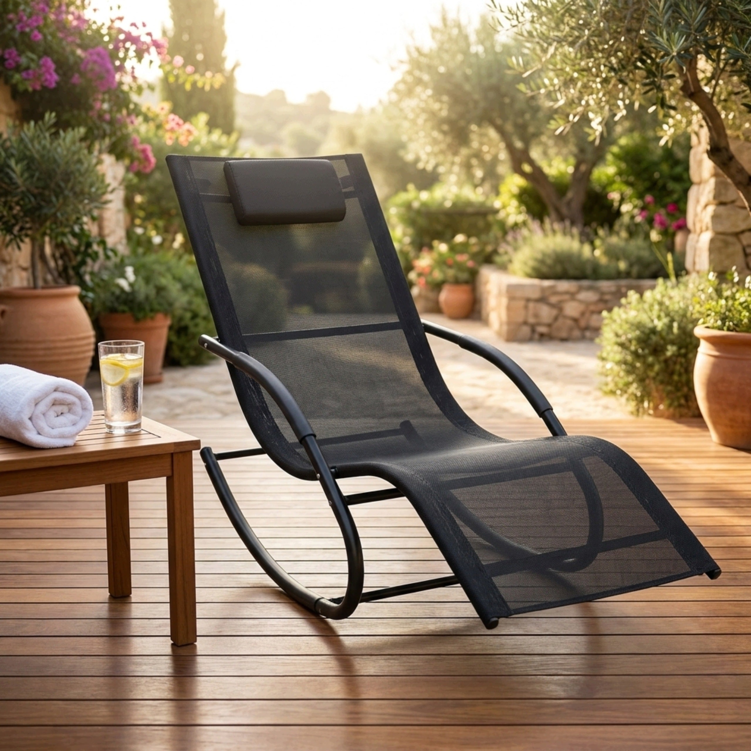 SUN LOUNGER GARDEN ROCKING CHAIR MODERN COUCH COMFORTABLE BLACK Packaging status original