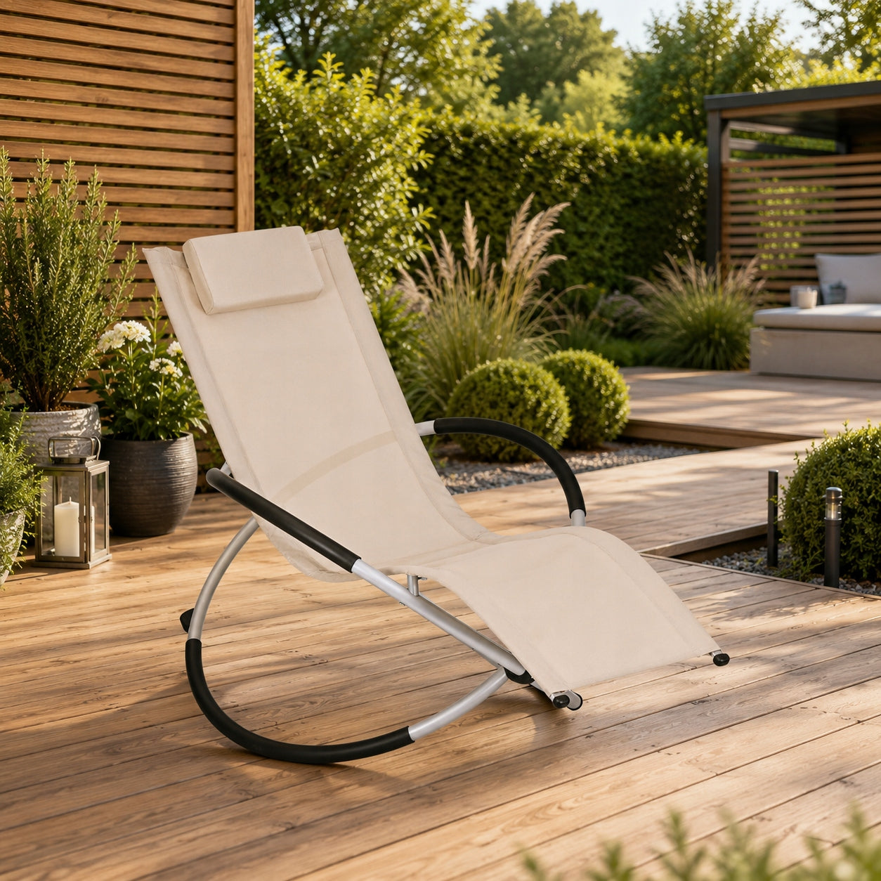 SUN LOUNGER GARDEN ROCKING CHAIR MODERN COUCH ZERO GRAVITY BEIGE HEADREST Packaging status original