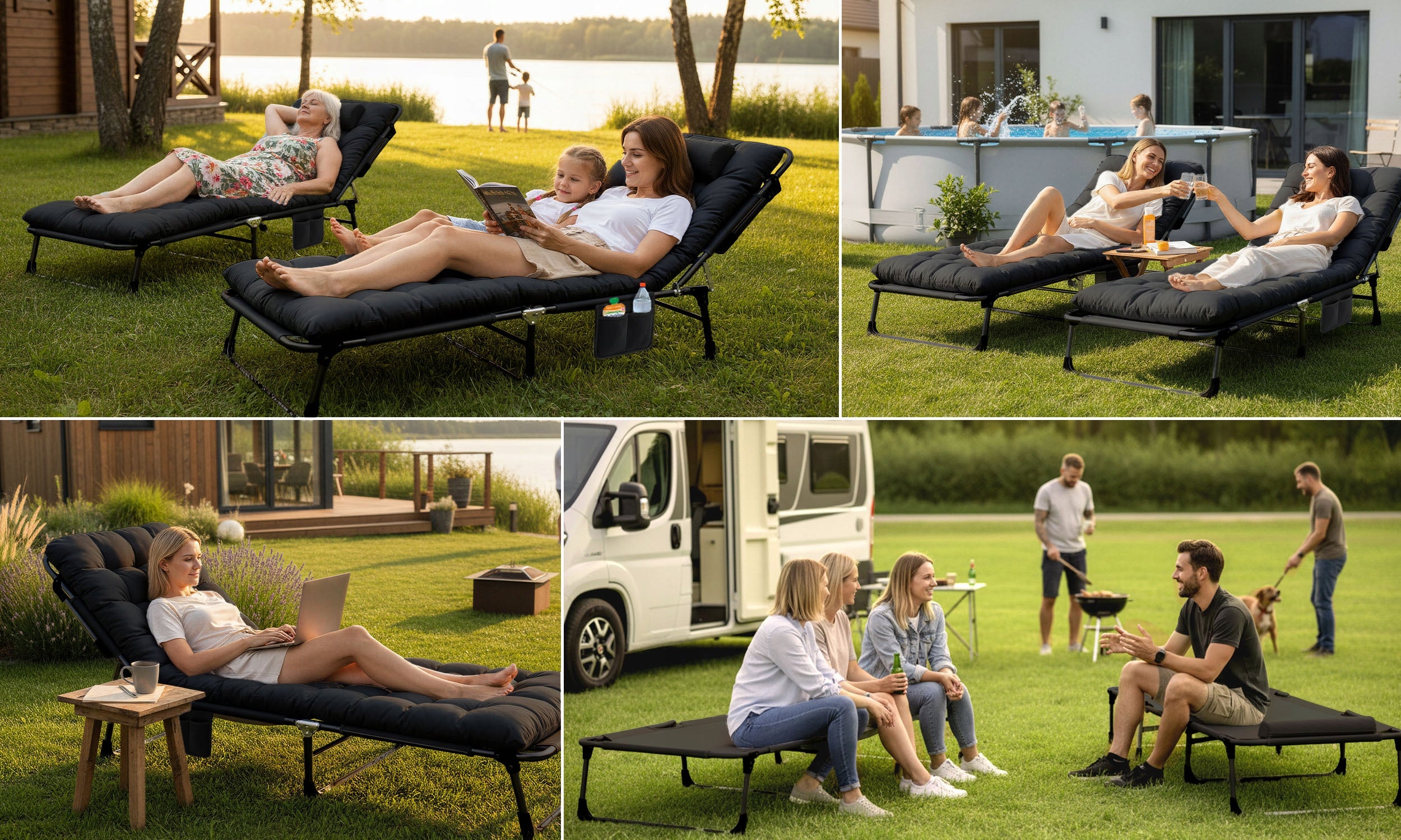 SUN LOUNGER GARDEN TRAVEL BED FOLDING + MATTRESS + PILLOW + COVER Color black