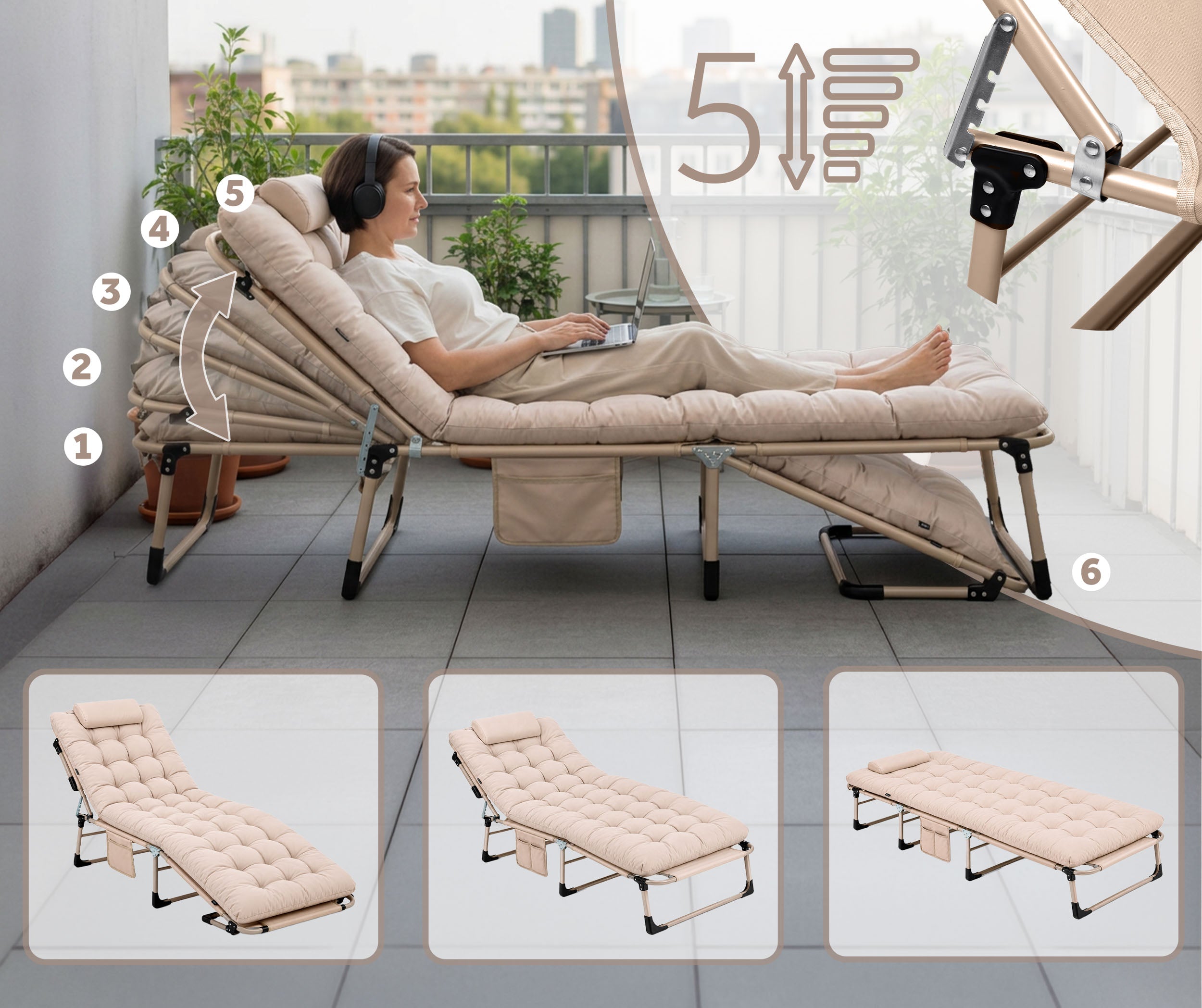 SUN LOUNGER GARDEN TRAVEL BED FOLDING + MATTRESS + PILLOW + COVER Manufacturer code 286602
