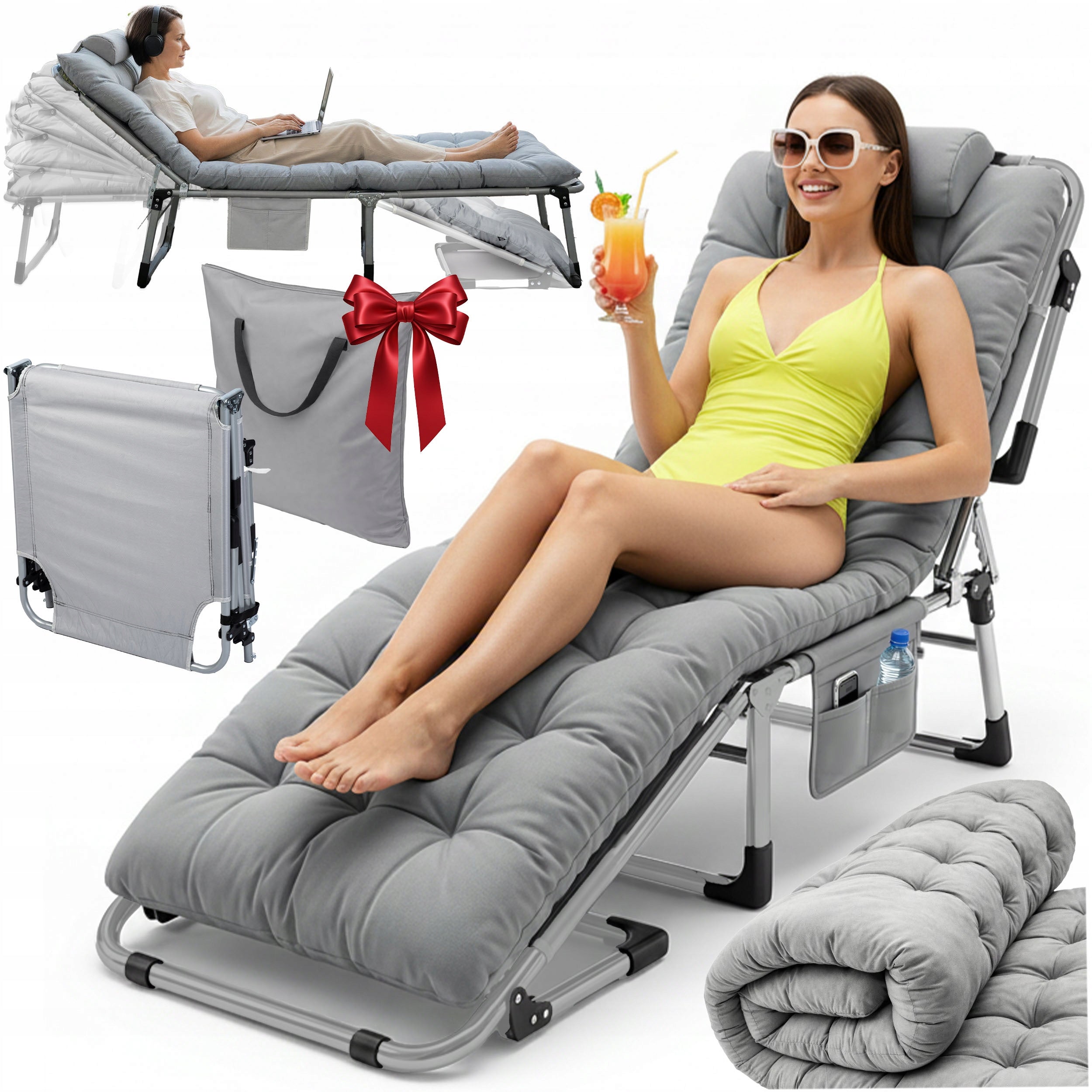SUN LOUNGER GARDEN TRAVEL BED FOLDING + MATTRESS + PILLOW + COVER