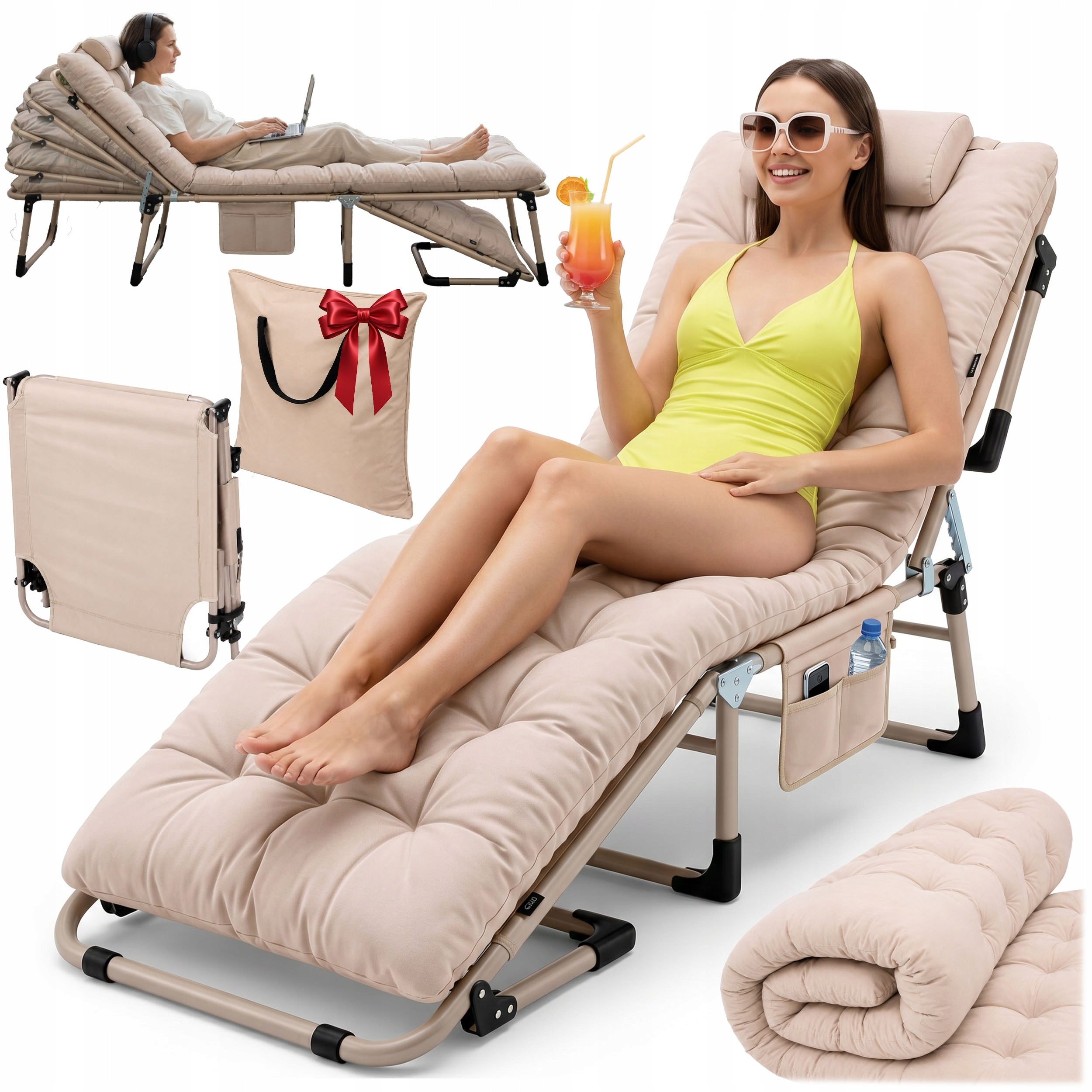 SUN LOUNGER GARDEN TRAVEL BED FOLDING + MATTRESS + PILLOW + COVER