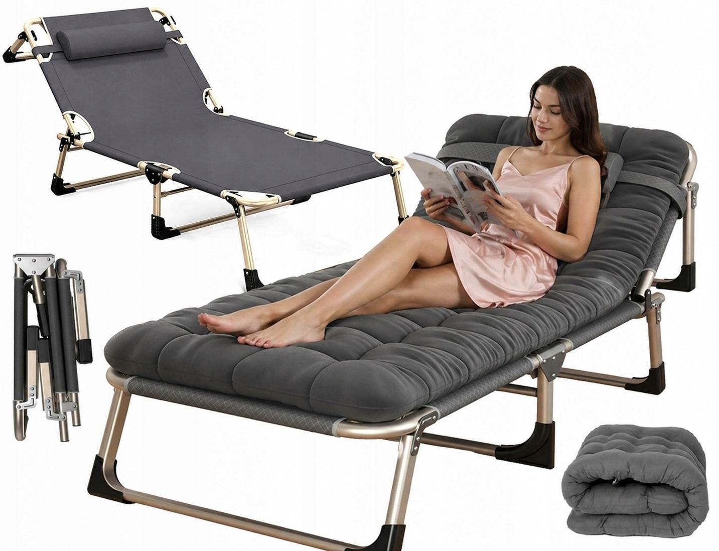 SUN LOUNGER GARDEN TRAVEL BED FOLDING + MATTRESS + PILLOW