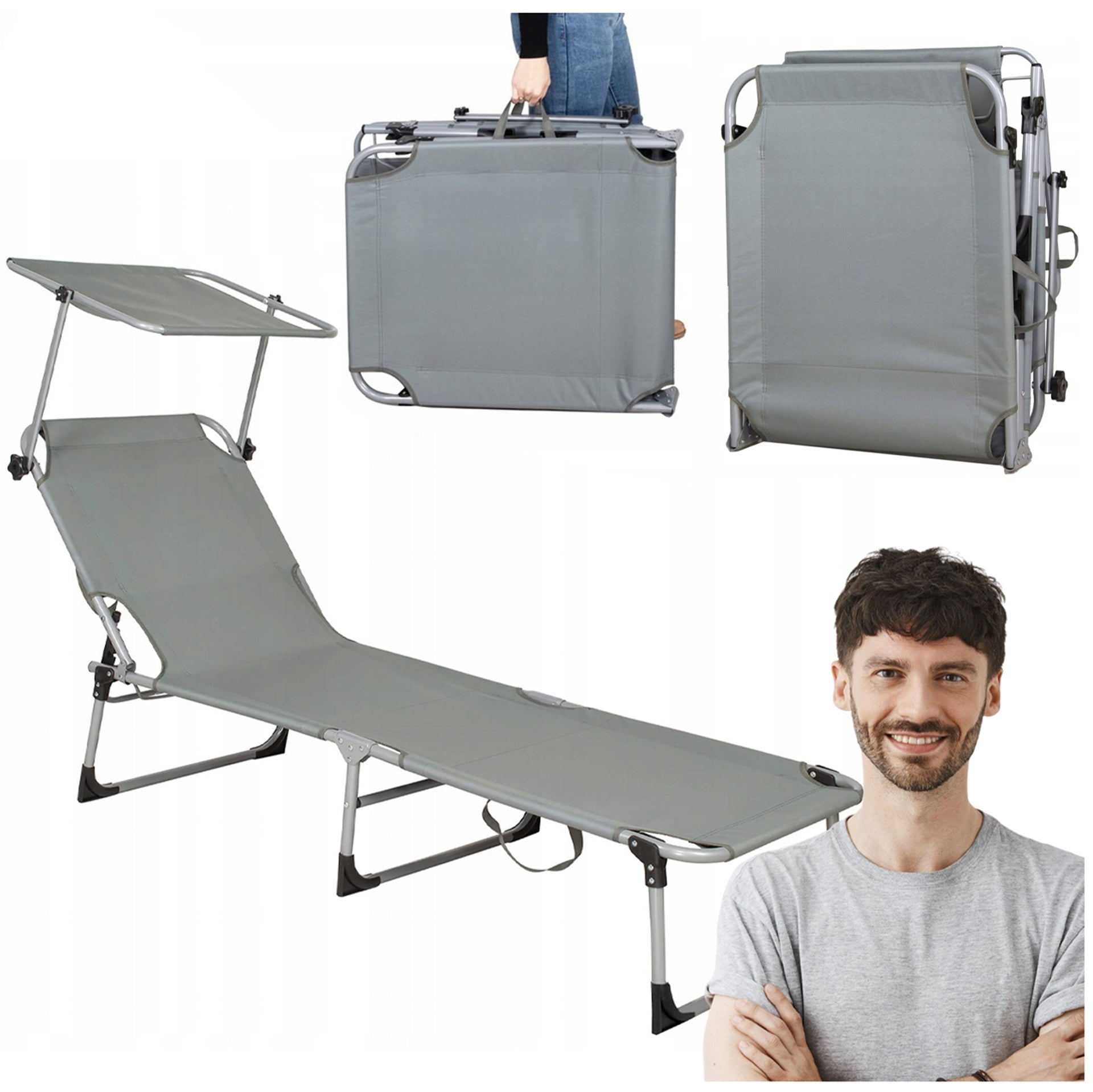 SUN LOUNGER WITH VISOR BEACH GARDEN COUCH FOLDING TOURIST TO THE BEACH