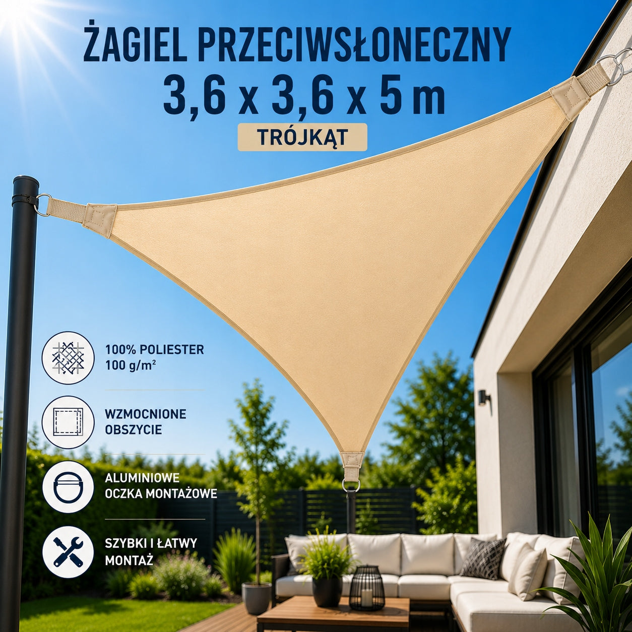 SUN SAIL WATERPROOF FOR TERRACE GARDEN TRIANGLE 3,6X3,6X5M BEIGE