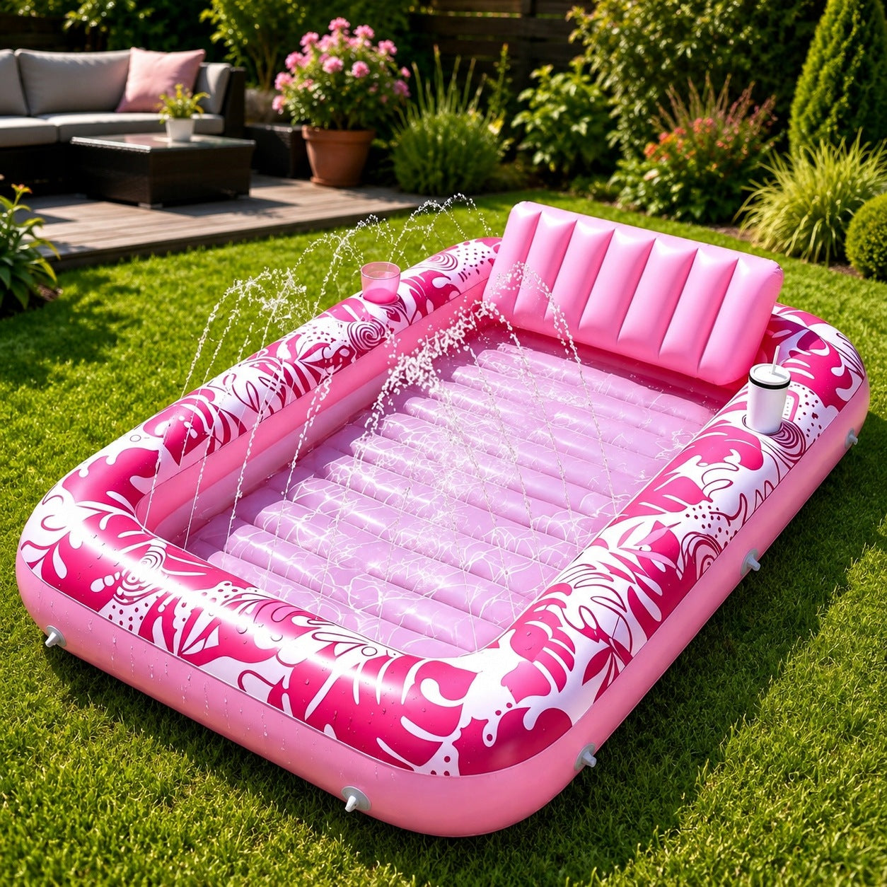 SUNBATHING MATTRESS WITH WATER POOL LOUNGER XL 178X116 WITH FOUNTAIN AND HANDLES Manufacturer code MATERAC DMUCHANY NA JEZIORO Z PODUSZKĄ RÓŻOWY