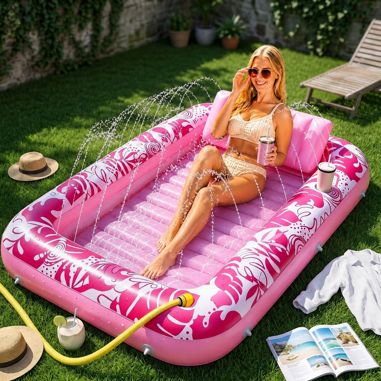 SUNBATHING MATTRESS WITH WATER POOL LOUNGER XL 178X116 WITH FOUNTAIN AND HANDLES Packaging status original