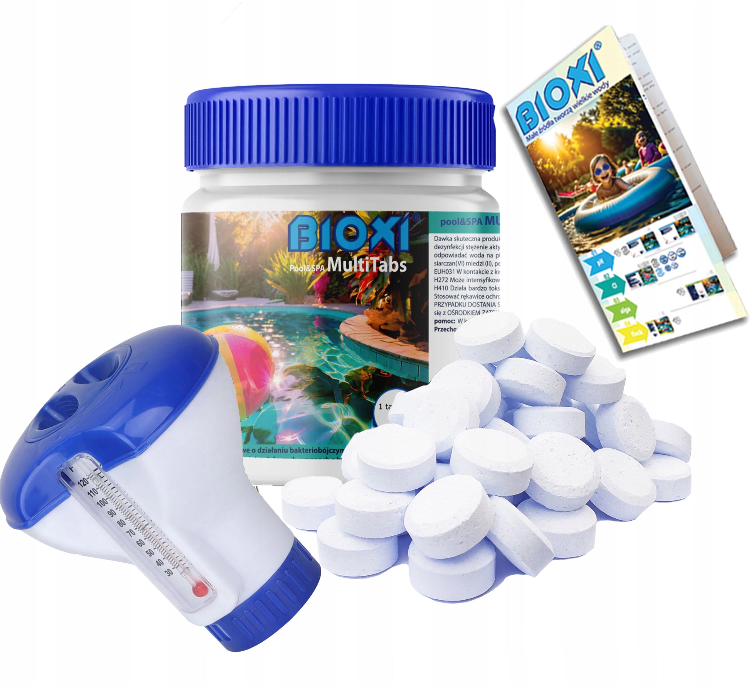 SUPER SET OF MULTI CHLORINE POOL TABLETS + FLOAT THERMOMETER small pool