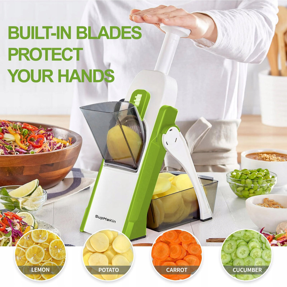 SUPMAKIN Vegetable Slicer Mandolin Adjustable Green Packaging status original