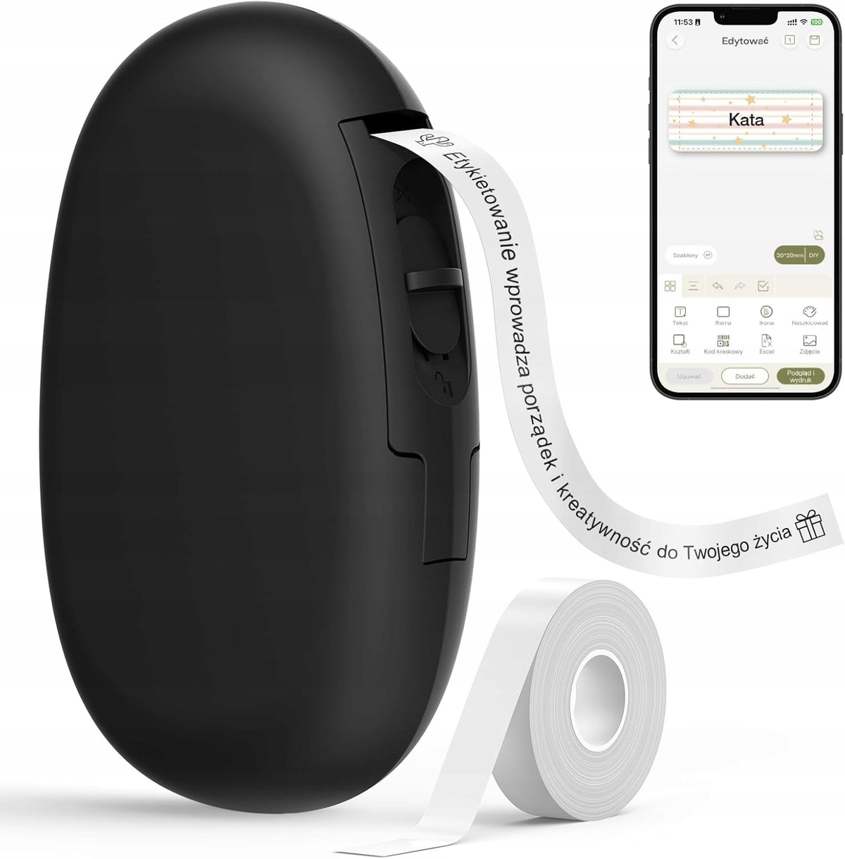 SUPVAN E10 Mini Bluetooth Label Printer Thermal Black + Roll