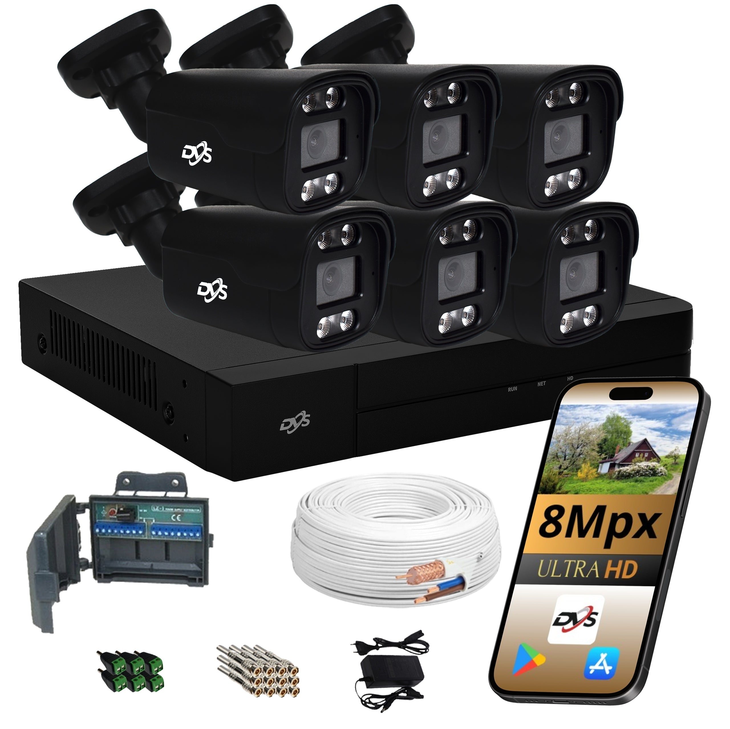 SURVEILLANCE KIT 6 CAMERAS 8Mpx DUAL LIGHT BLACK TUBE ANALOG EXTERNAL