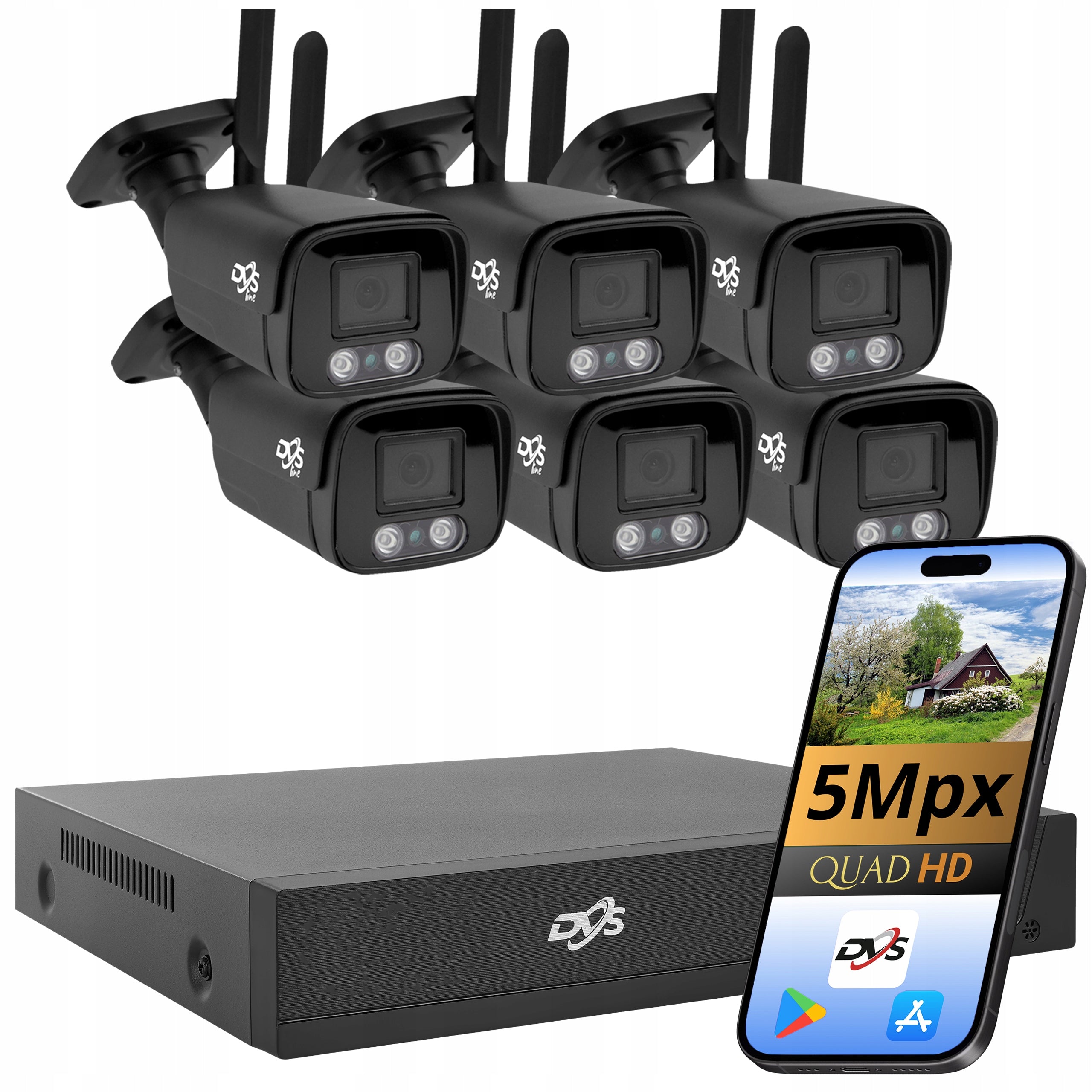 SURVEILLANCE KIT 6x BLACK WIRELESS WIFI CAMERA 5Mpx PRO SMART