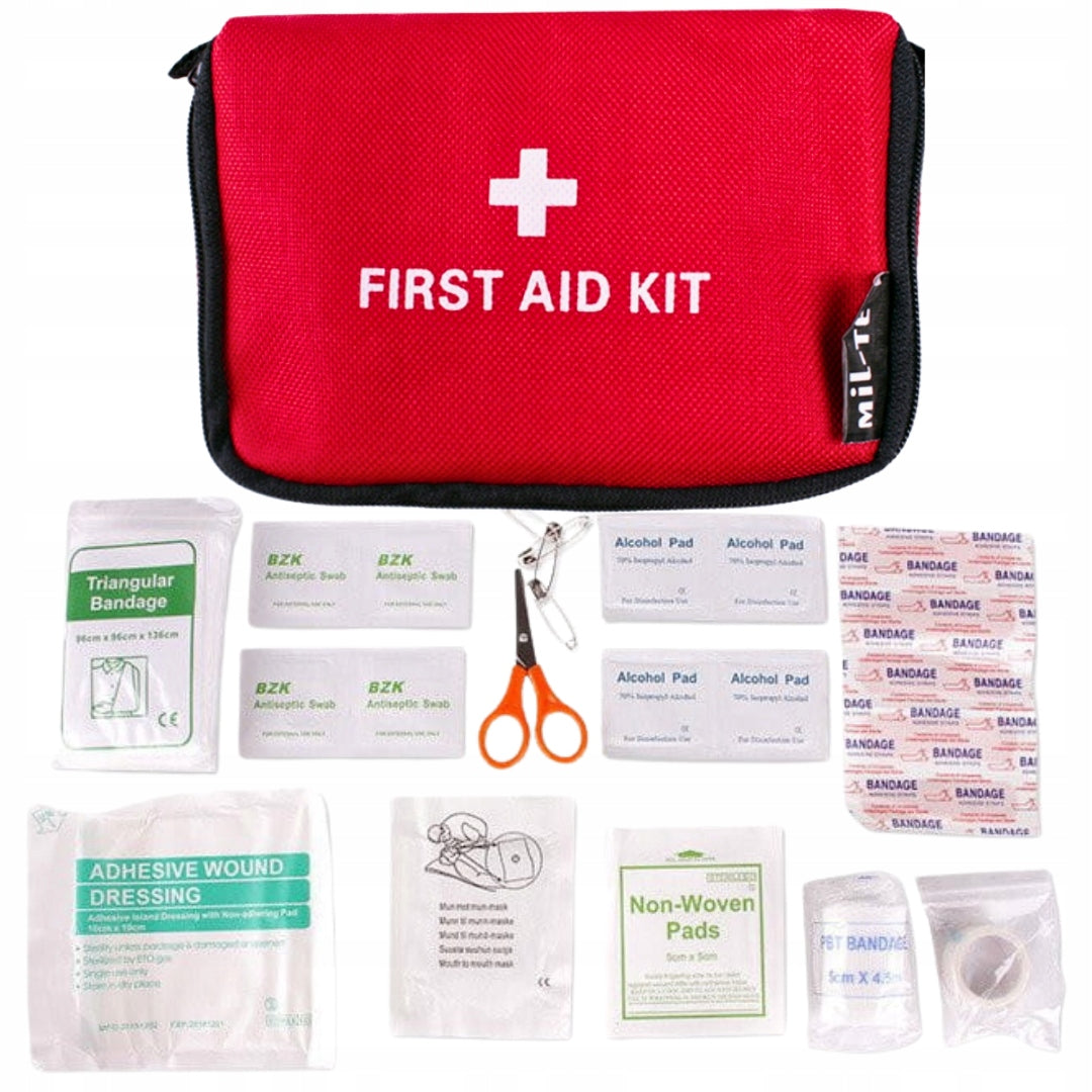 SURVIVAL KIT SURVIVAL BACKPACK THERMAL SLEEPING BAG FIRST AID KIT RED Model Plecak Wojskowy Zestaw Apteczka Czerwona Śpiwór