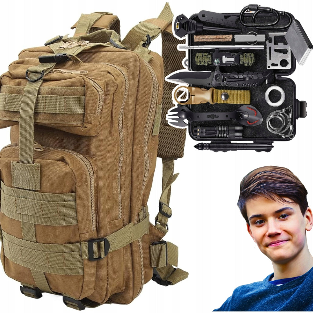 SURVIVAL SET MILITARY SCOUT BACKPACK BROWN 35L Additional features case