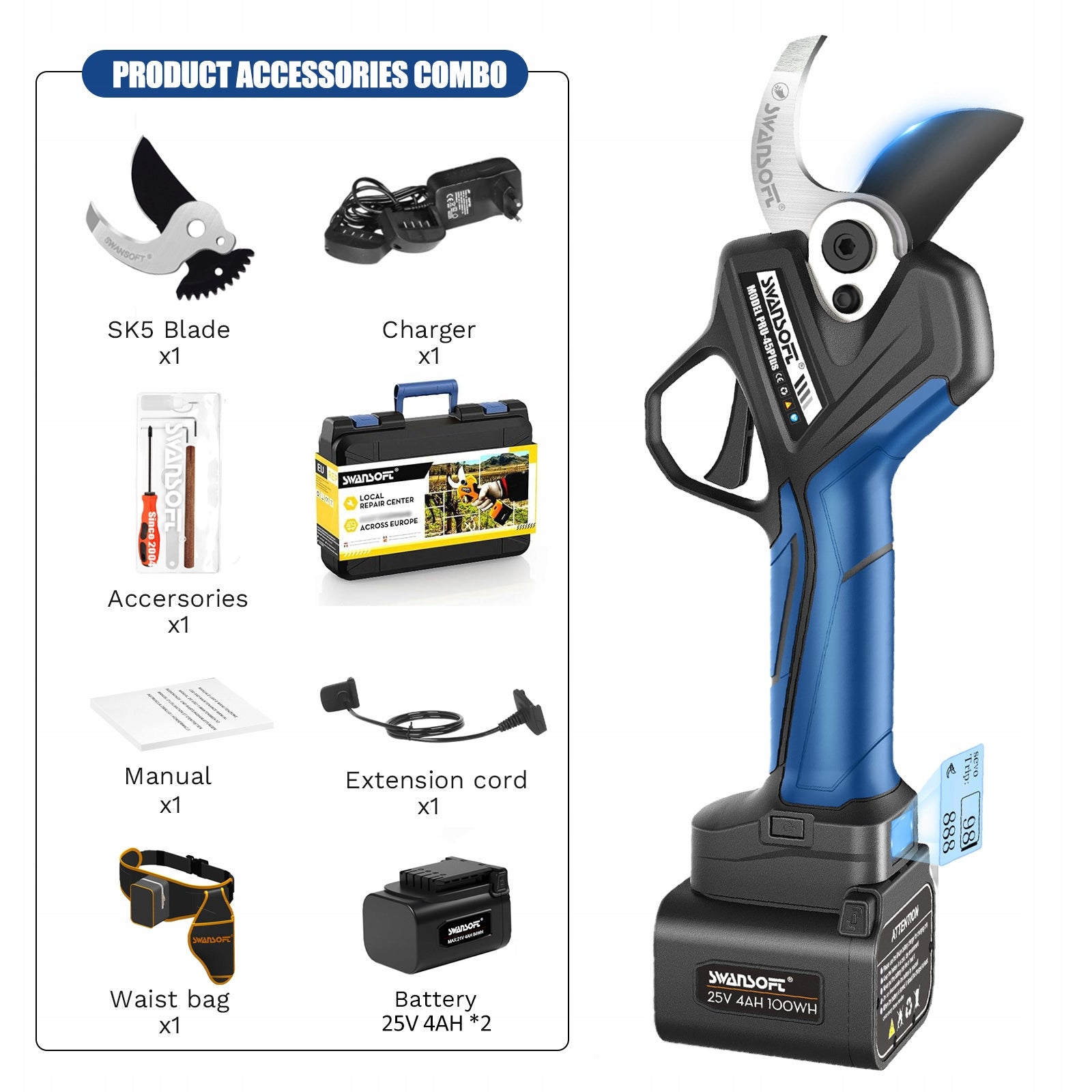 SWANSOFT 45mm Electric secateurs professional battery pruner PRU45 plus Maximum cut branch thickness 45 mm