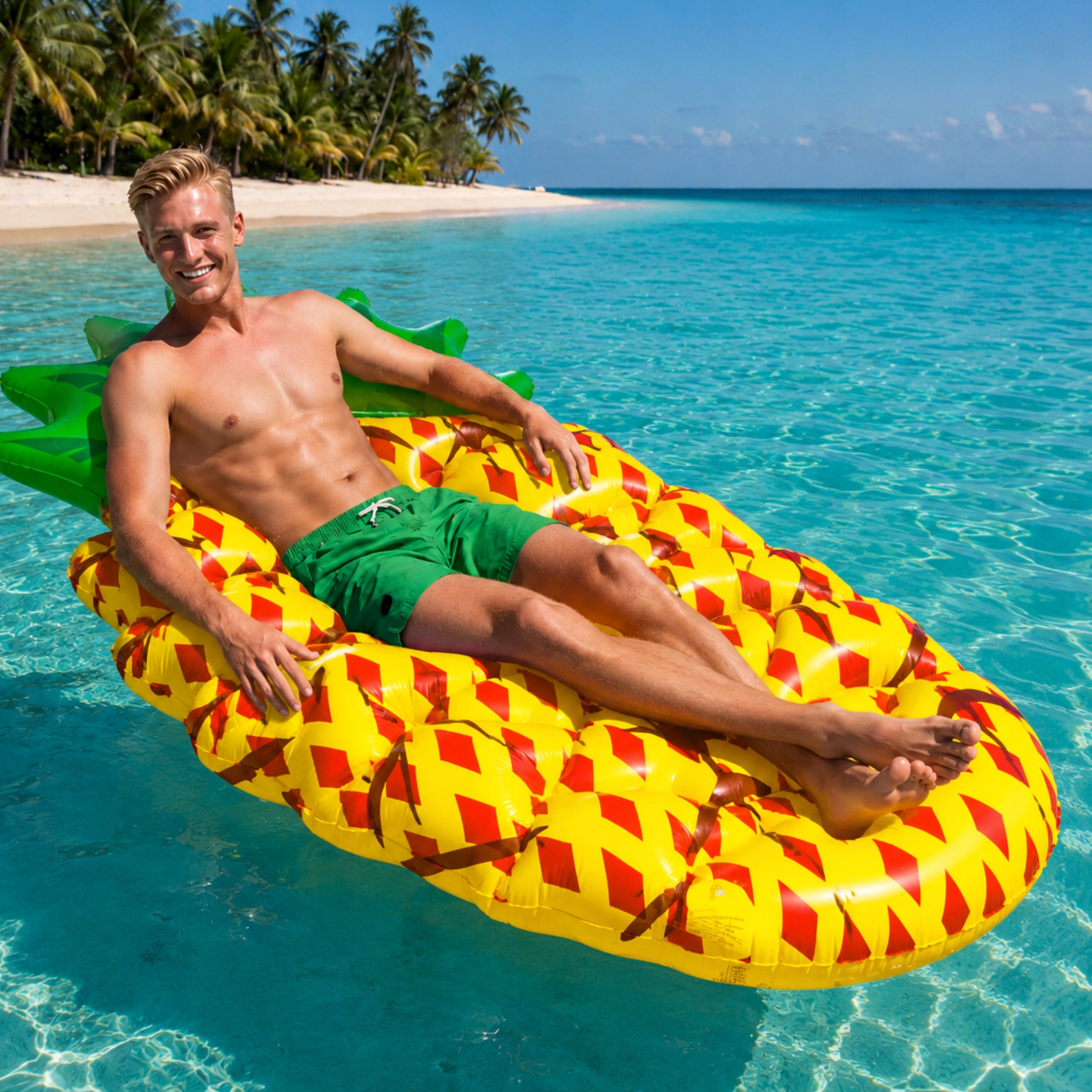 SWIMMING MATTRESS LARGE 150CM INFLATABLE WATER INFLATABLE WHEEL PONTOON PINEAPPLE Packaging status original